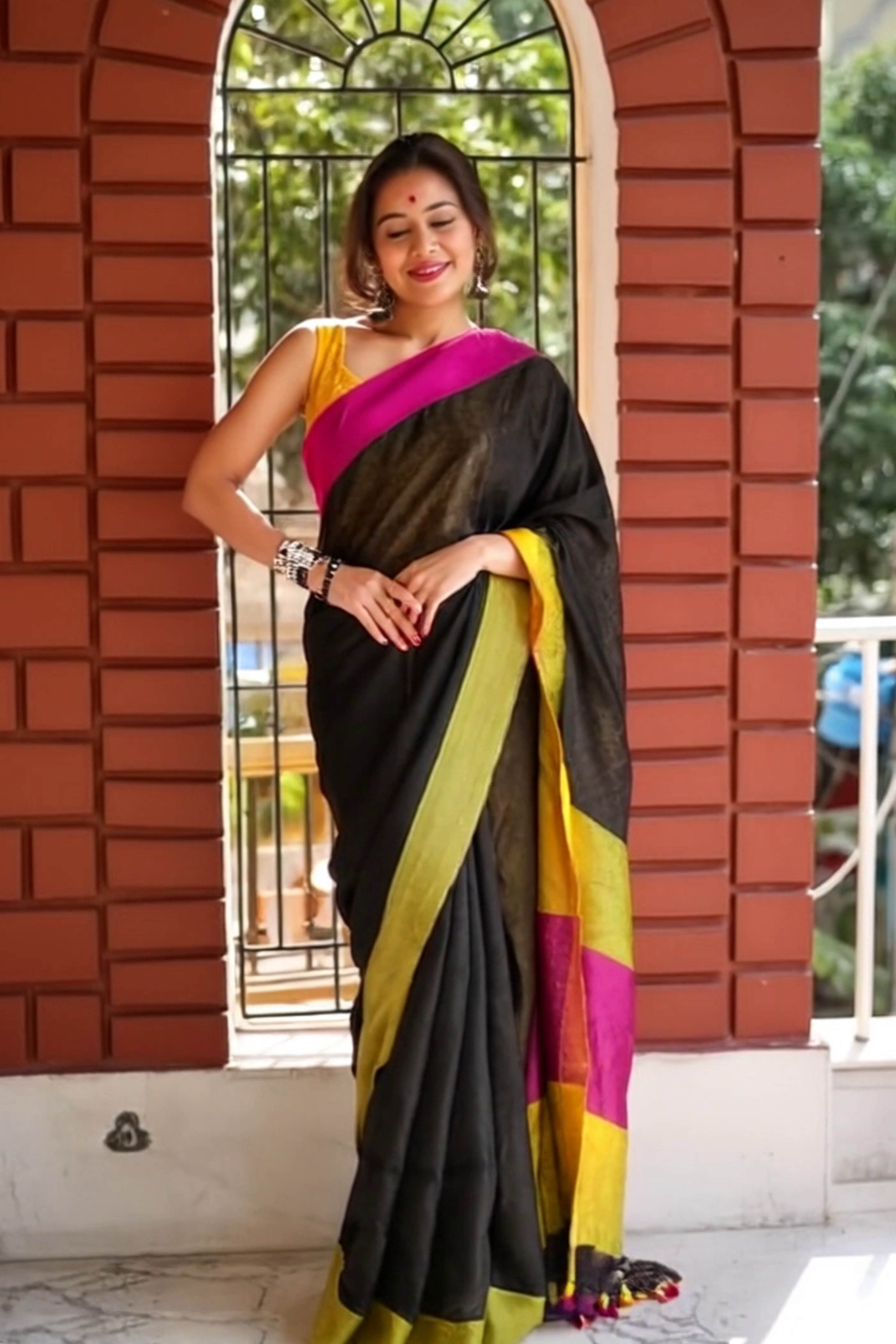 Neelima Handwoven Pure Cotton Saree in Deep Black Body with Green & Pink Borders - Indian Handloomz