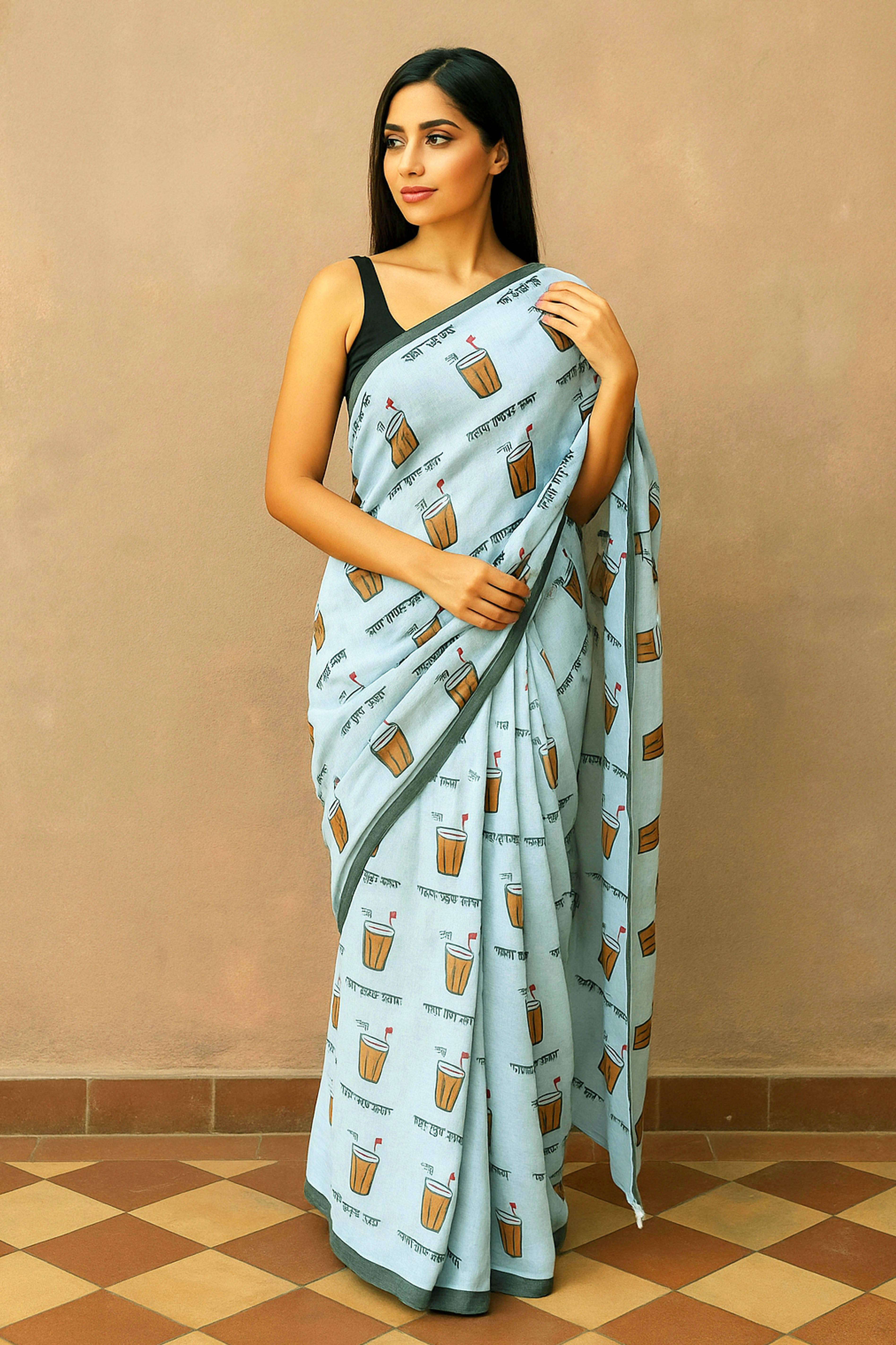 Chai Cup Saree in Light Grey - Indian Handloomz