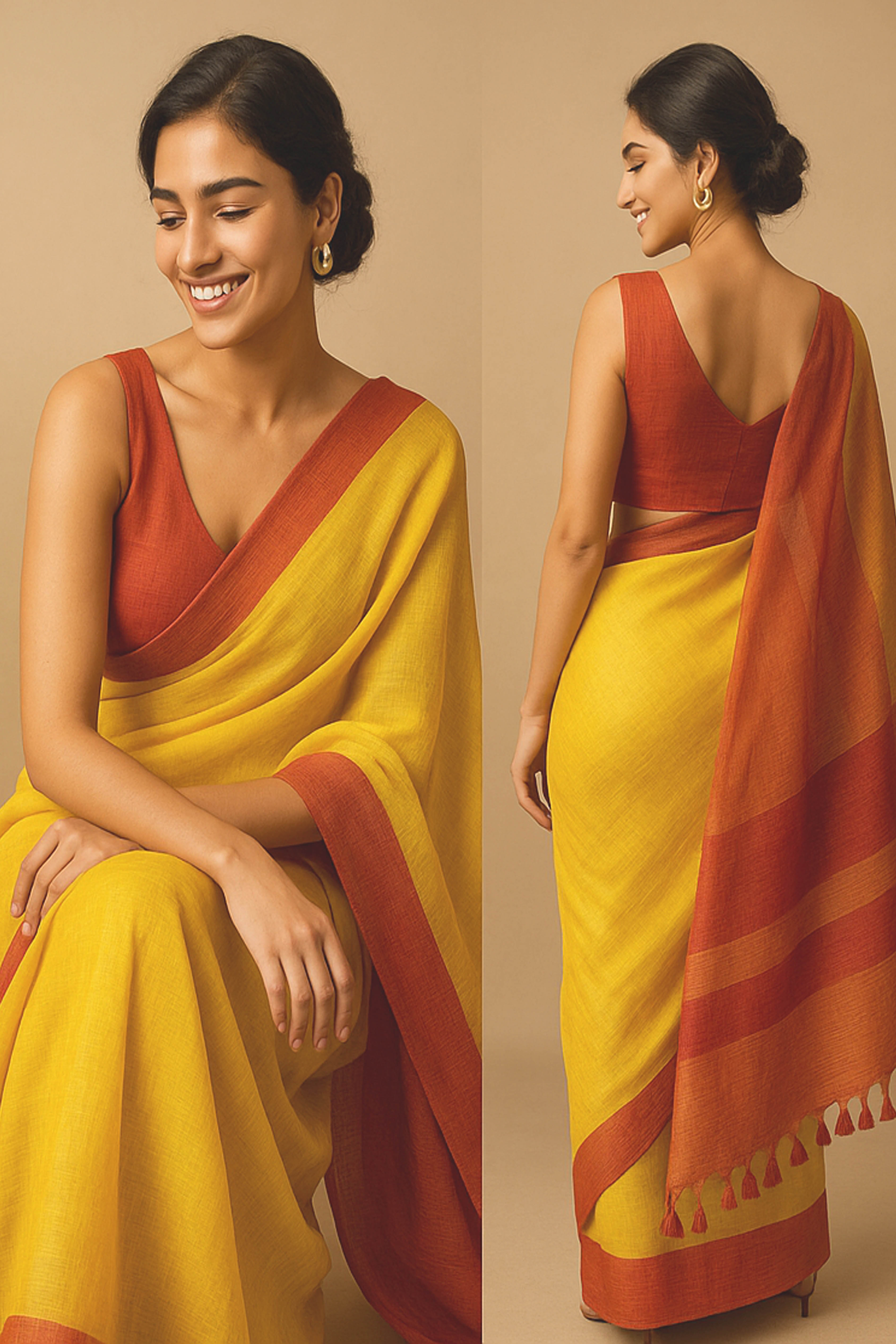 Myra Pure Linen Saree in Yellow & Red with Silver Zari Border - Indian Handloomz