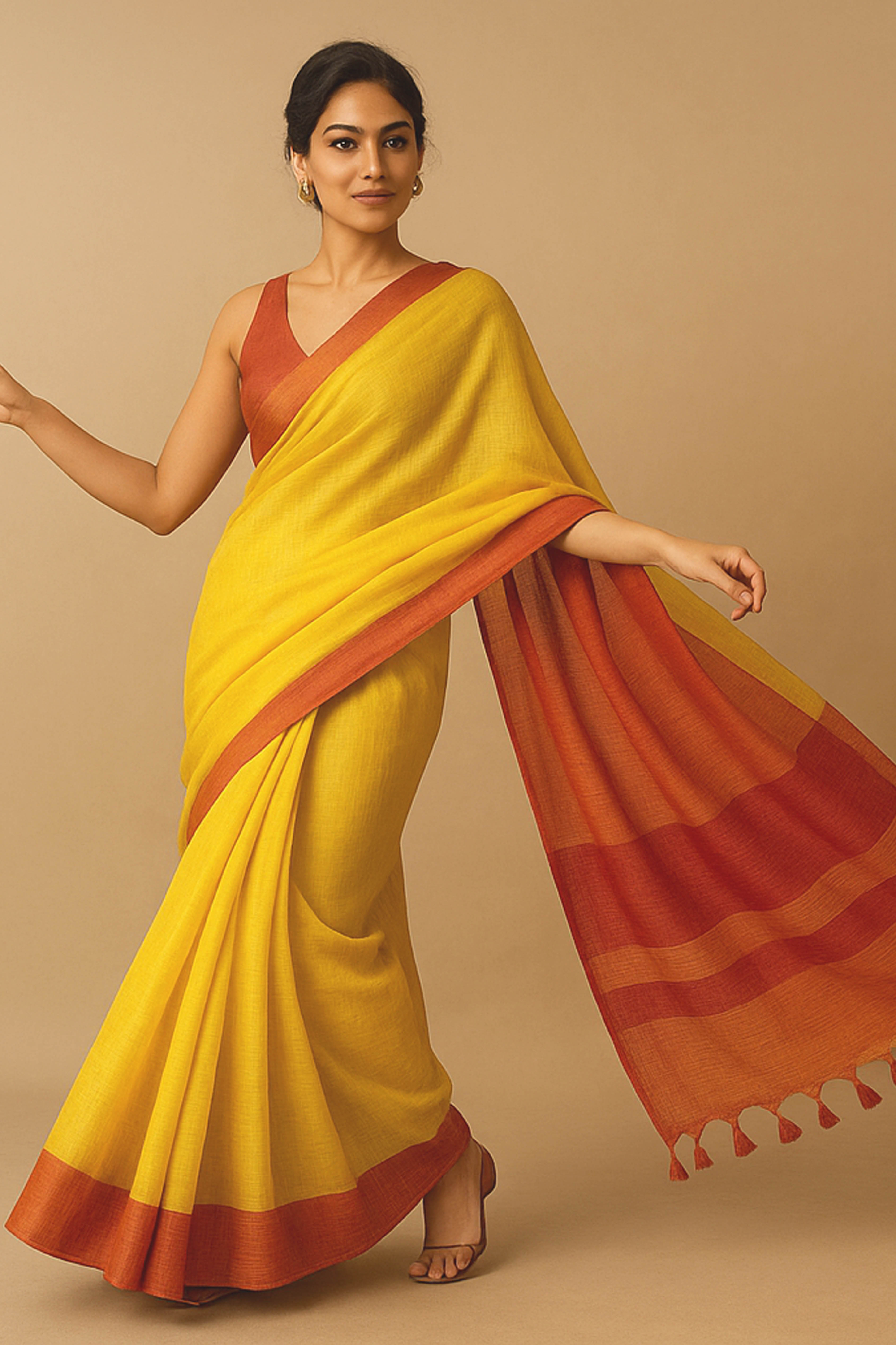 Myra Pure Linen Saree in Yellow & Red with Silver Zari Border - Indian Handloomz