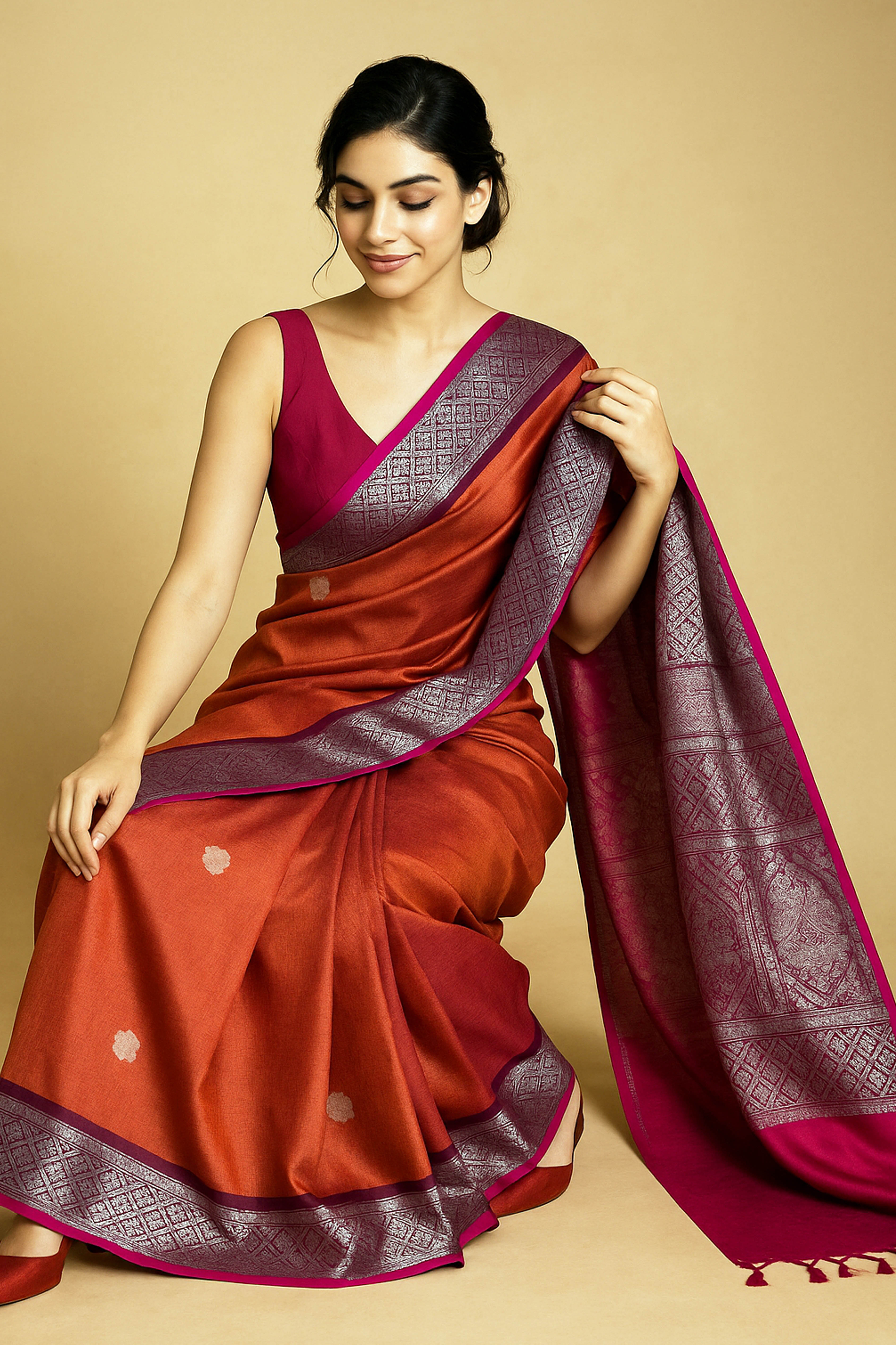 Surkhi Tissue Linen Saree with Banarasi Weave in Two Tone Shades of Reddish Pink with Golden - Indian Handloomz