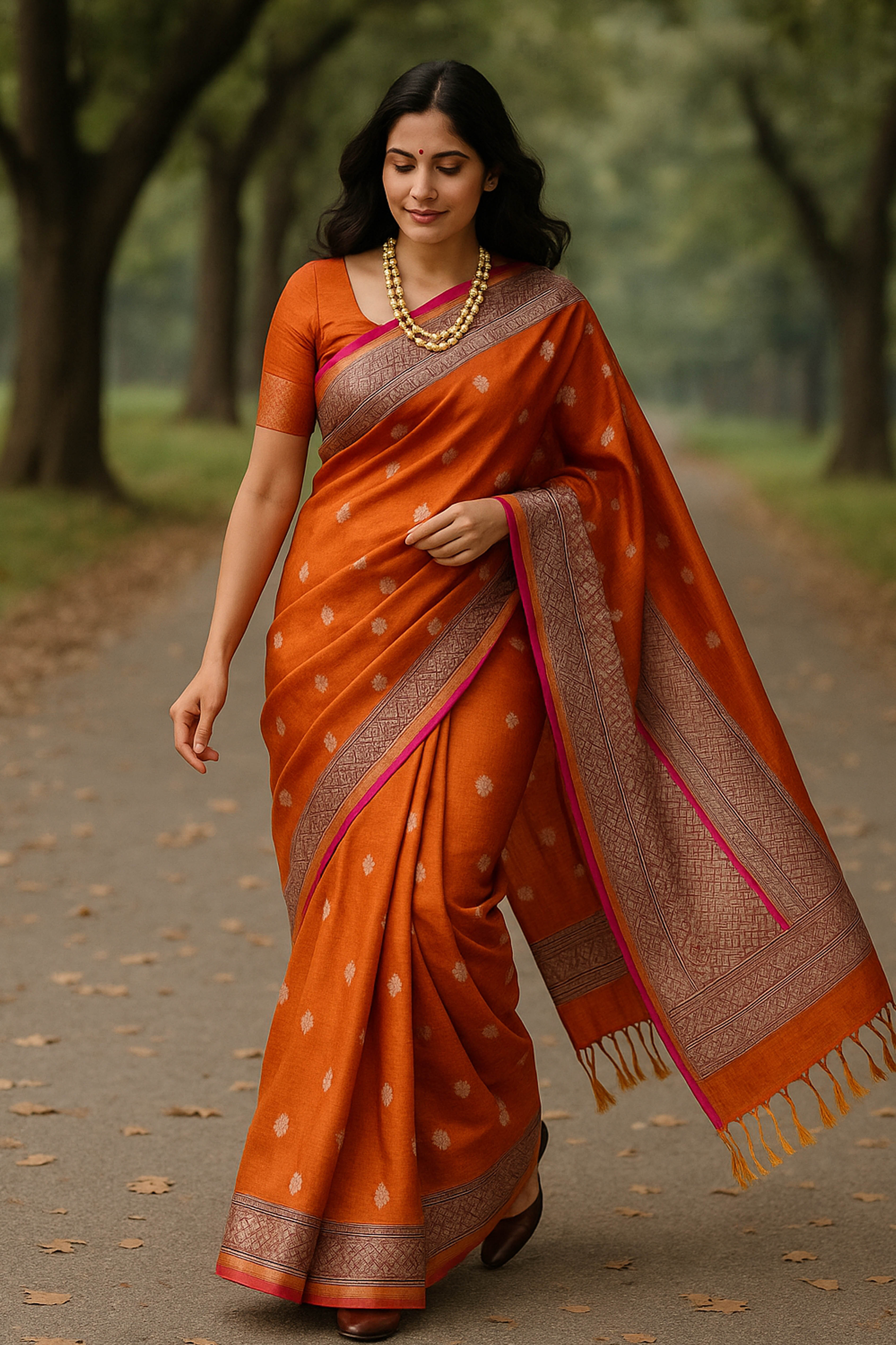 Reewa Tissue Linen Saree with Banarasi Weave in Two Tone Shades of Rust & Golden - Indian Handloomz