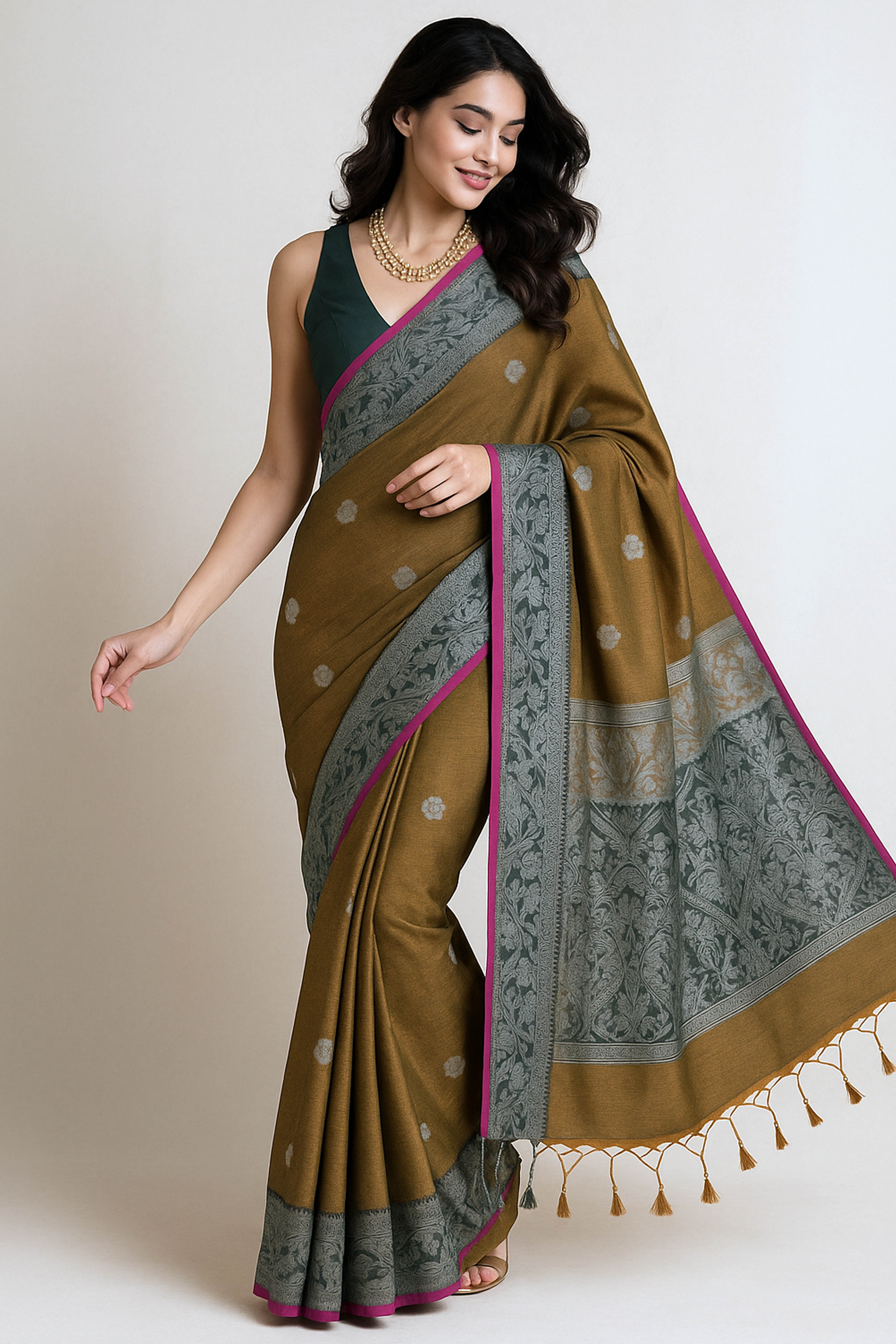 Sharmila Tissue Linen Saree with Banarasi Weave in Two Tone Shades of Green & Brown - Indian Handloomz