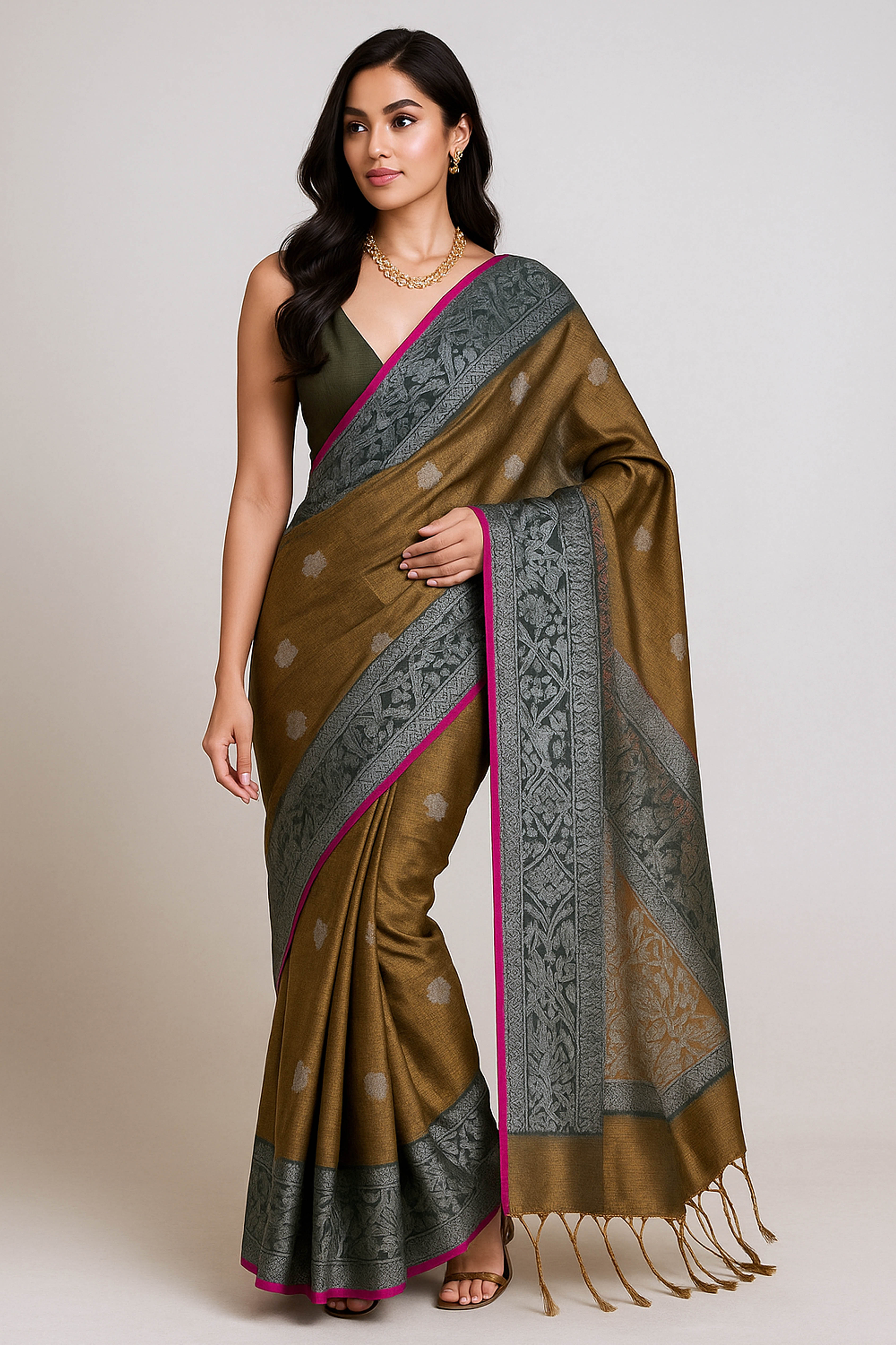 Sharmila Tissue Linen Saree with Banarasi Weave in Two Tone Shades of Green & Brown - Indian Handloomz