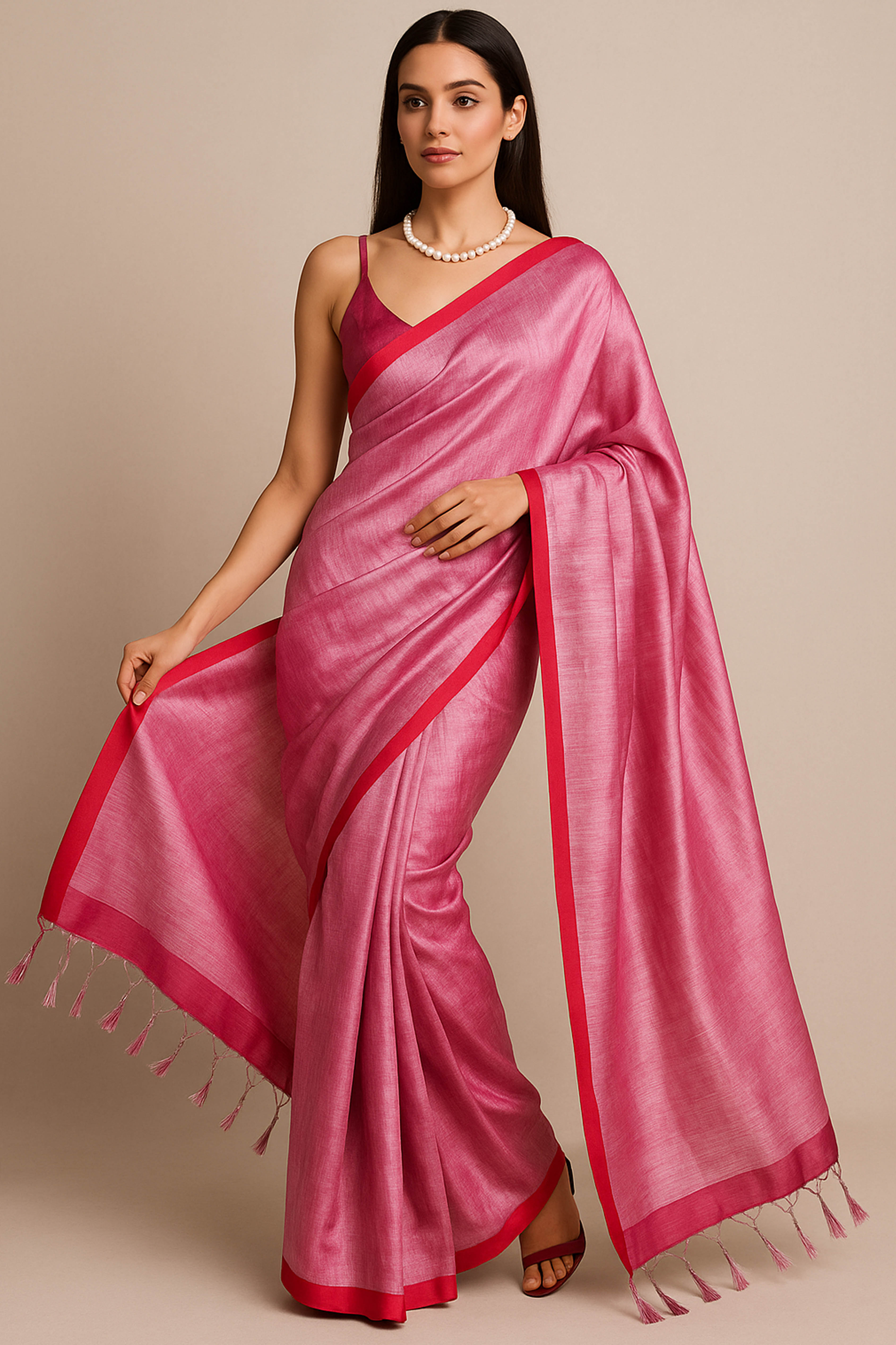 Megha Pure Tissue Linen Saree in Rose Red Colour - Indian Handloomz