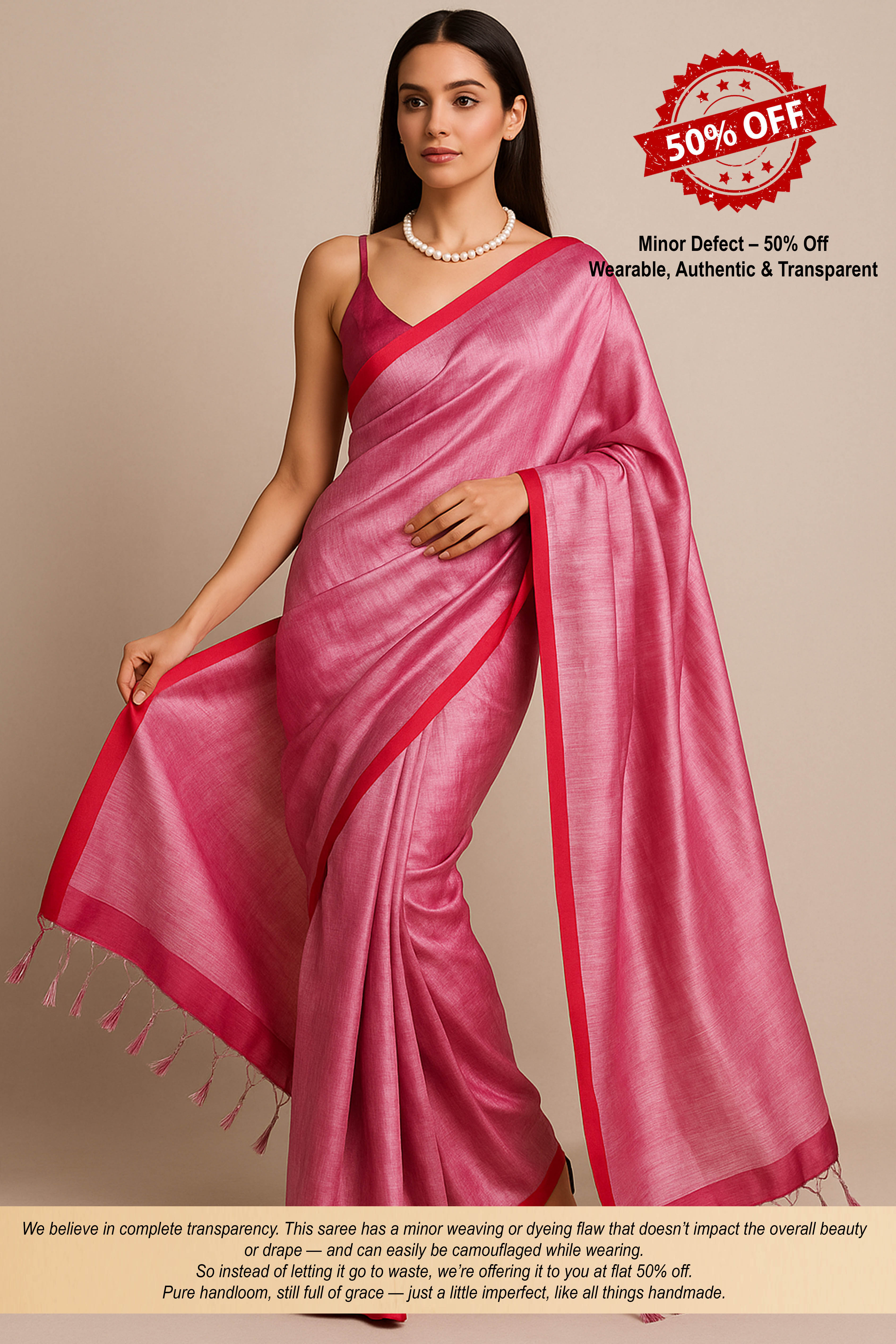 Megha Pure Tissue Linen Saree in Rose Red Colour - Indian Handloomz