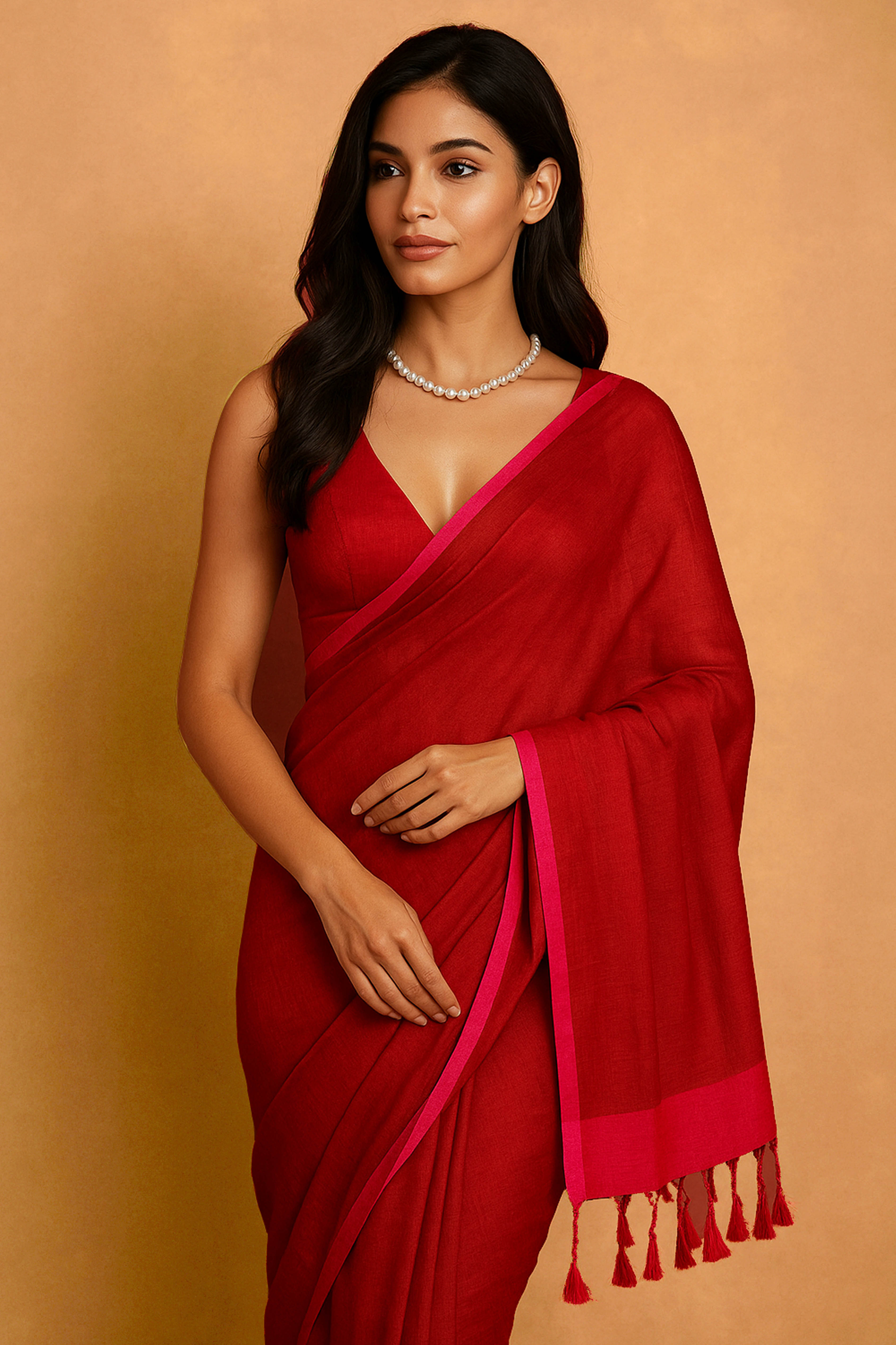 Kaveri Pure Tissue Linen Saree in Chilli Red - Indian Handloomz