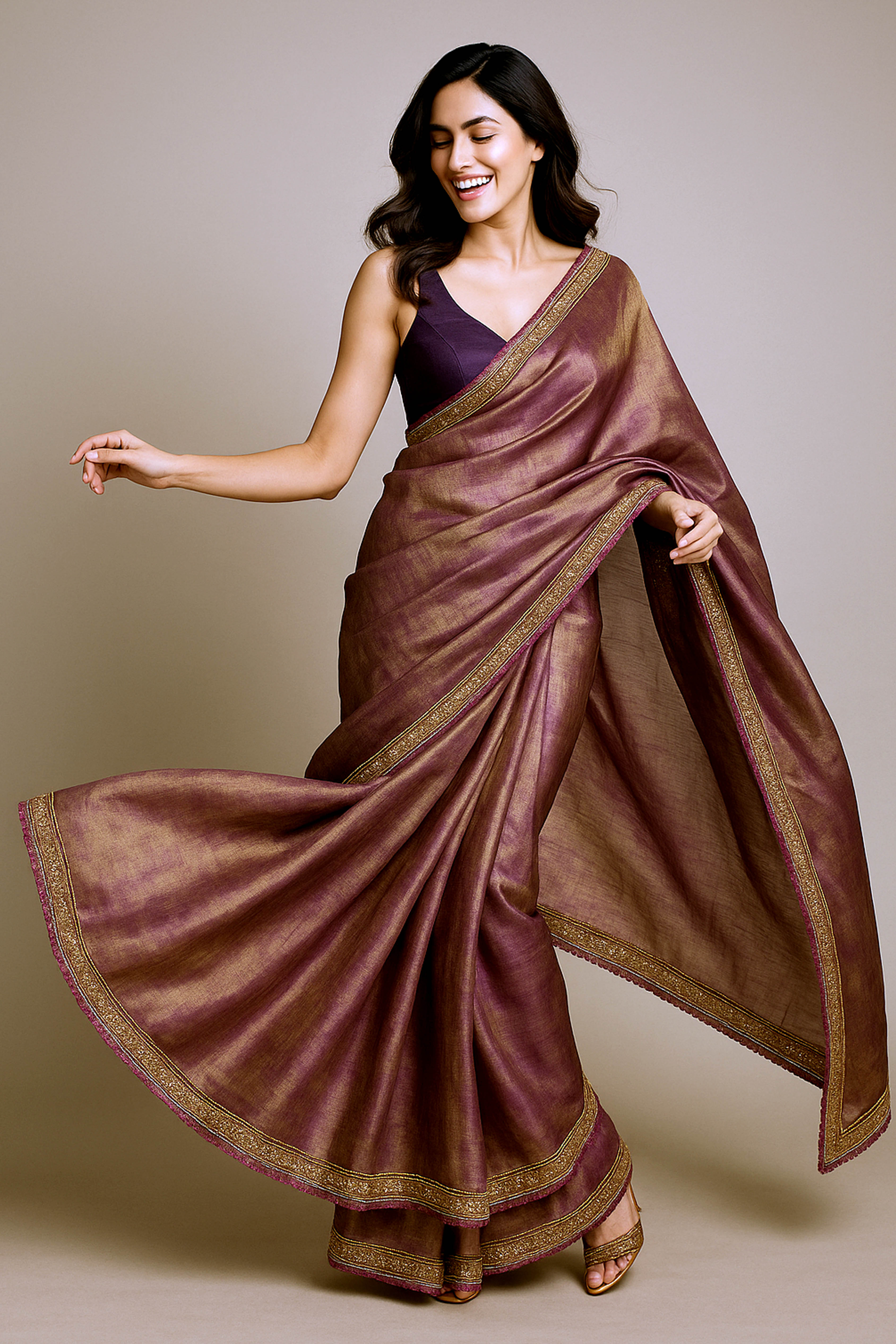 Urja Pure Tissue Linen Saree in Purple & Gold Shades with Zardosi Border & Pearl Embedded - Indian Handloomz