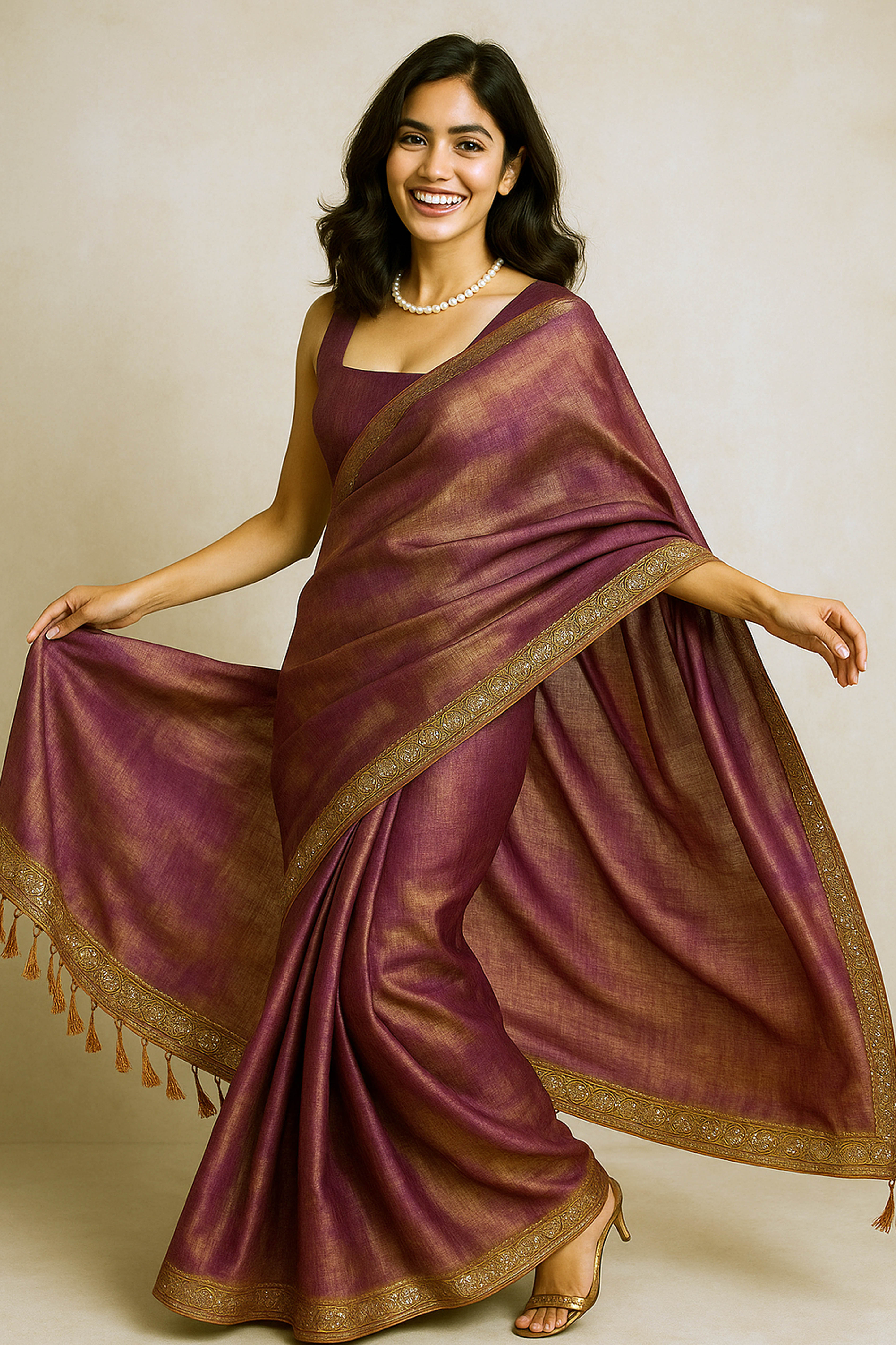 Urja Pure Tissue Linen Saree in Purple & Gold Shades with Zardosi Border & Pearl Embedded - Indian Handloomz