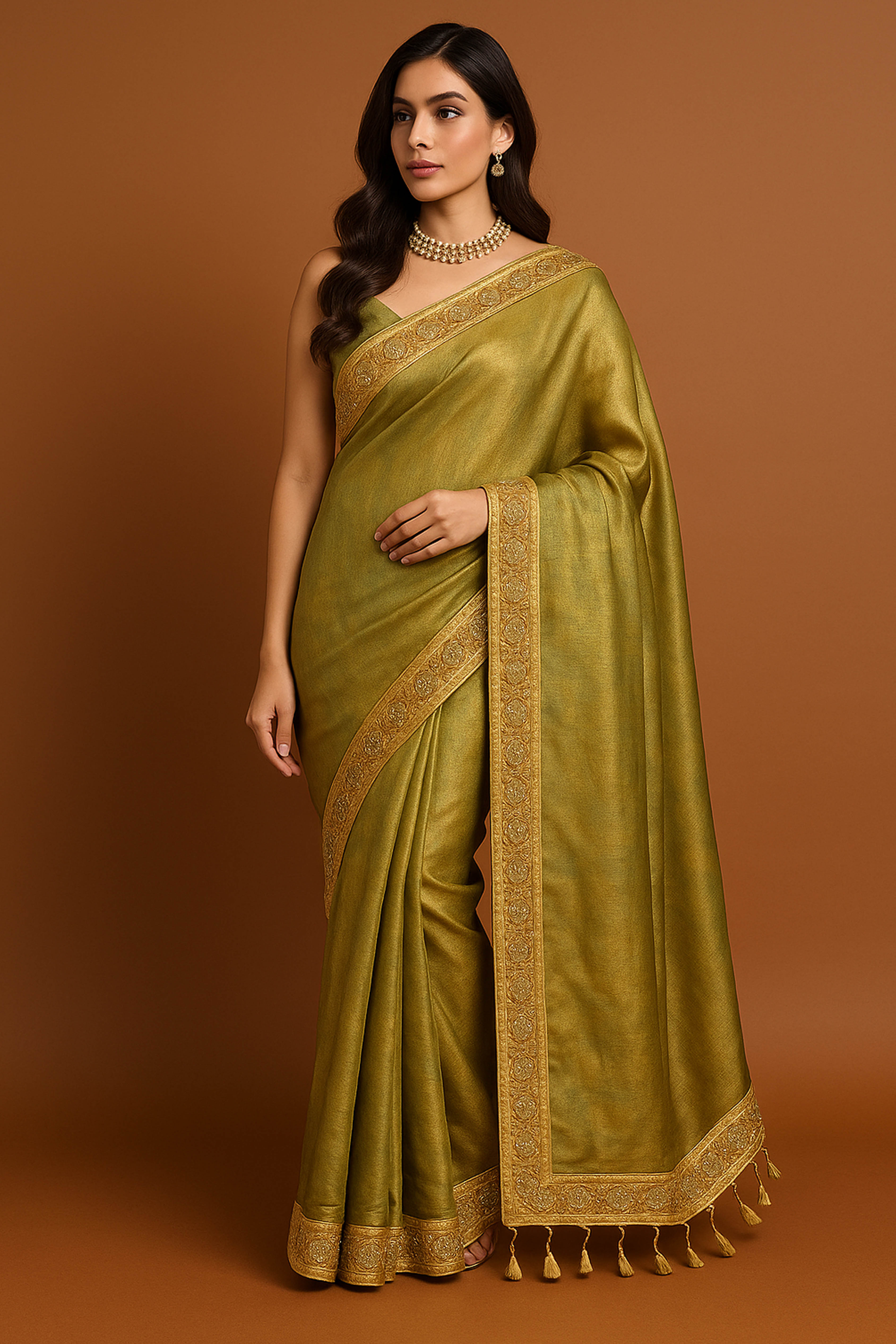 Jhilmil Pure Tissue Linen Saree in Light Mehendi & Golden Colour with Zardosi Border - Indian Handloomz