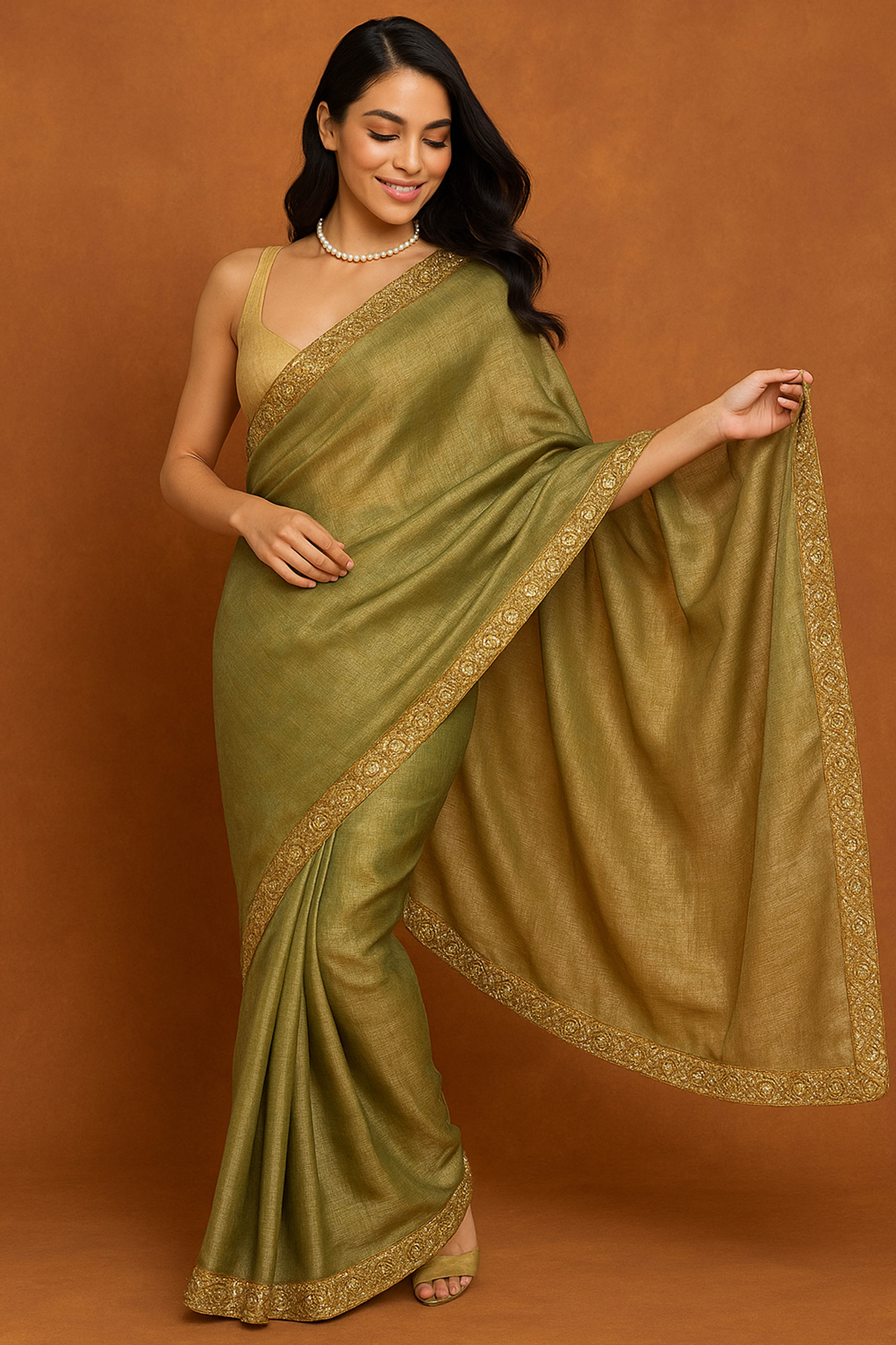 Jhilmil Pure Tissue Linen Saree in Light Mehendi & Golden Colour with Zardosi Border - Indian Handloomz