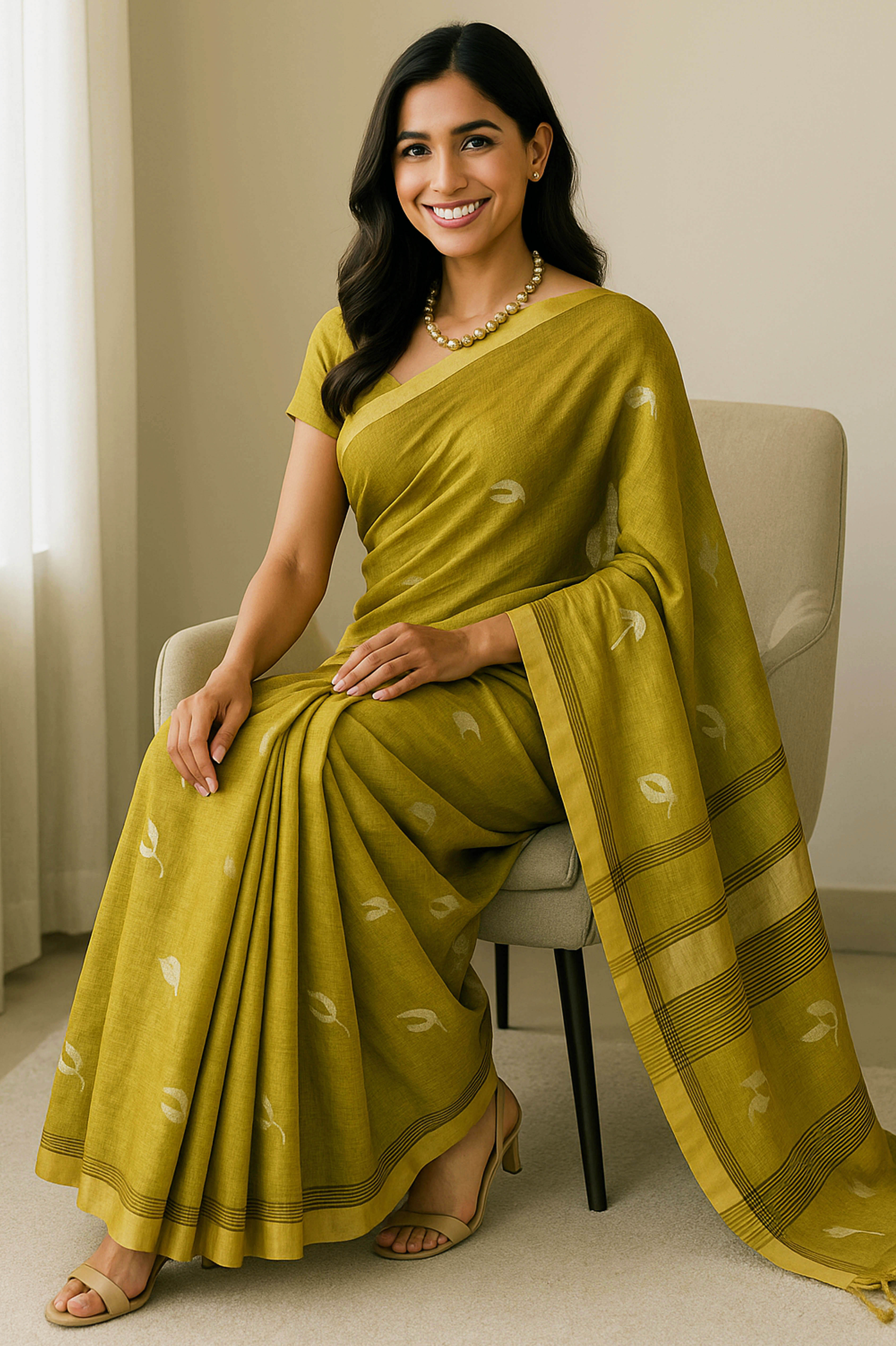 Maya Tissue Linen Saree in Golden Yellowish Green & Yellow Border