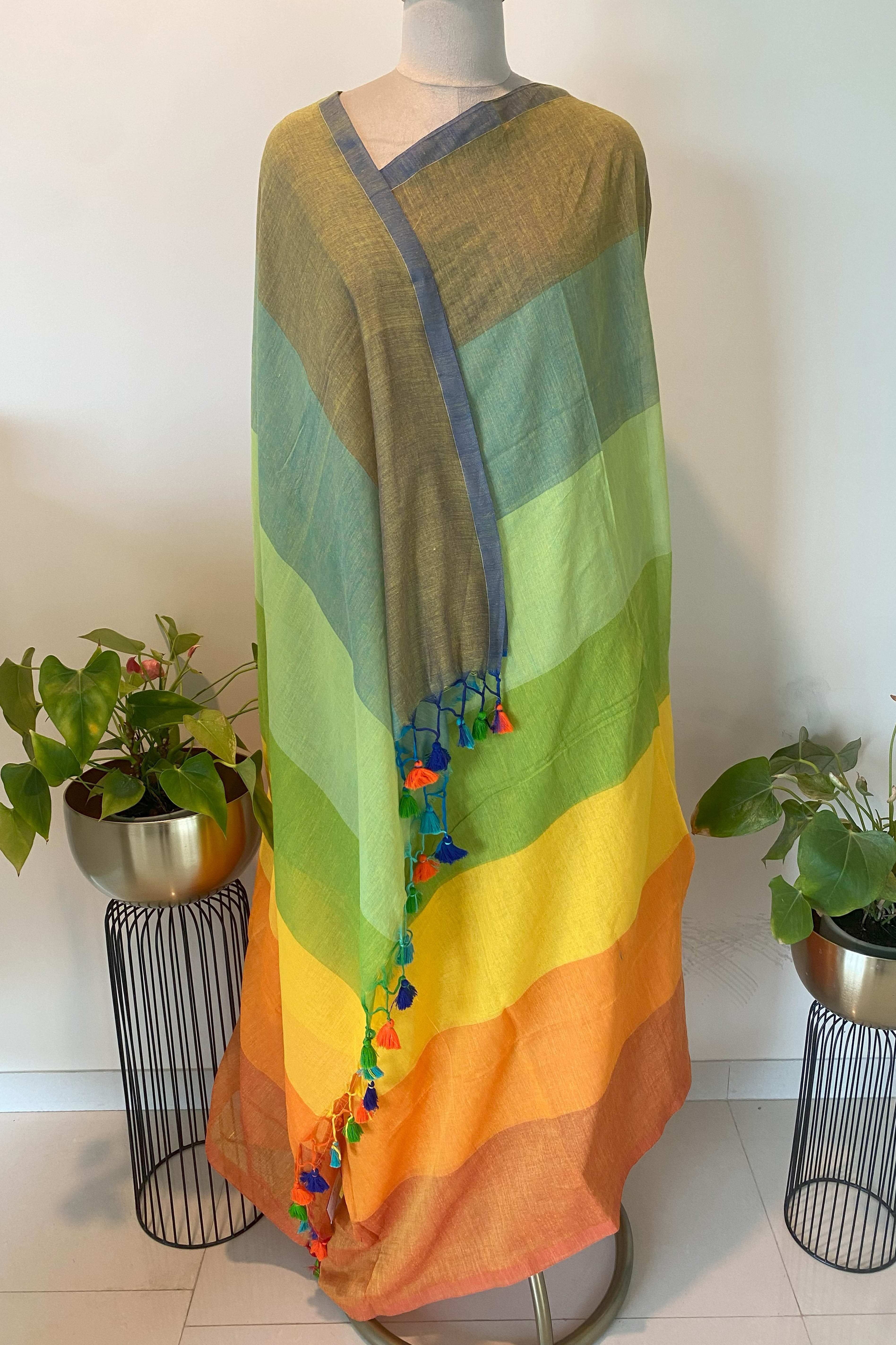 Jamdani Mul Cotton Rainbow Saree in Multi Colour - Indian Handloomz