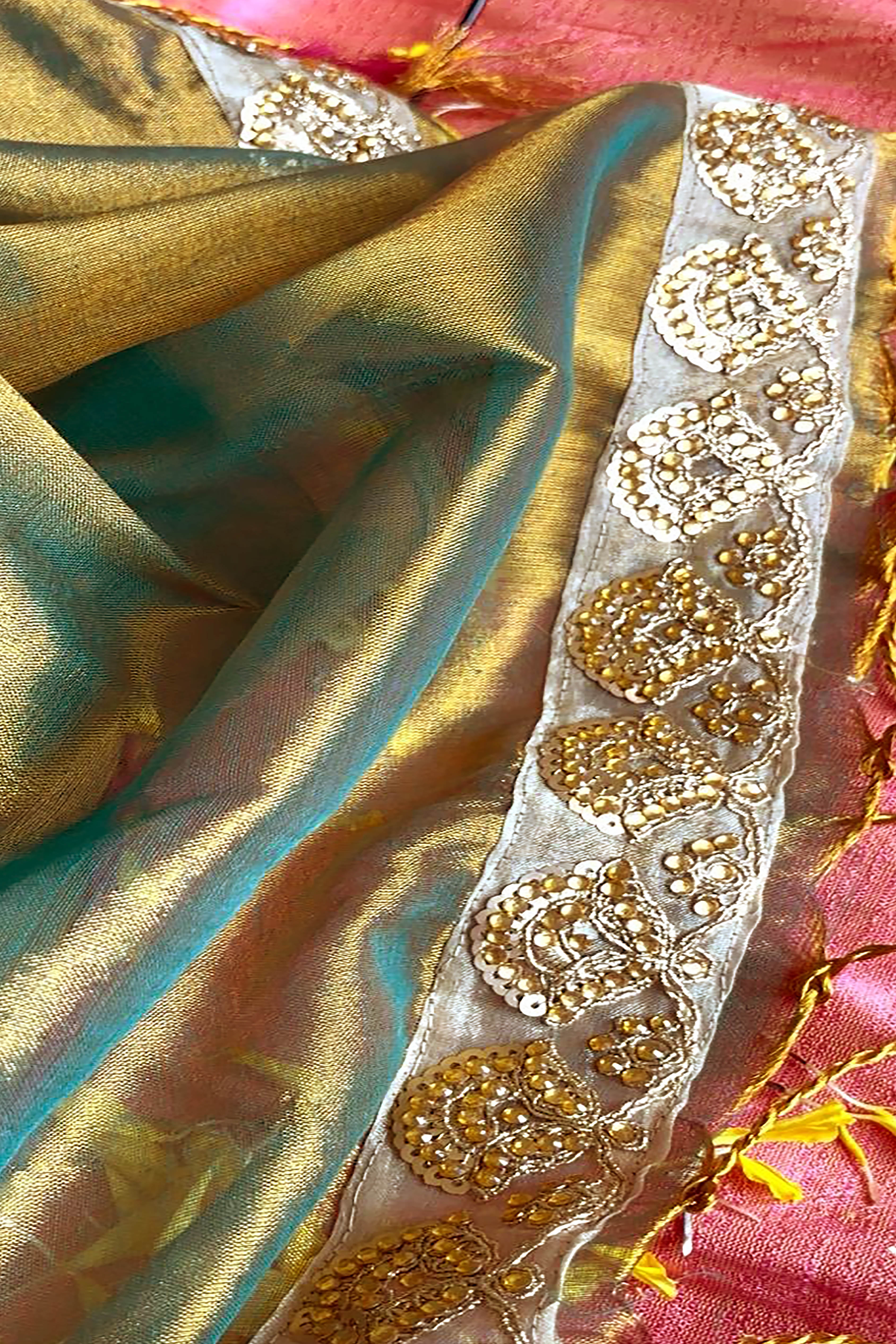 Jhilmil Pure Tissue Linen Saree in Light Mehendi & Golden Colour with Zardosi Border