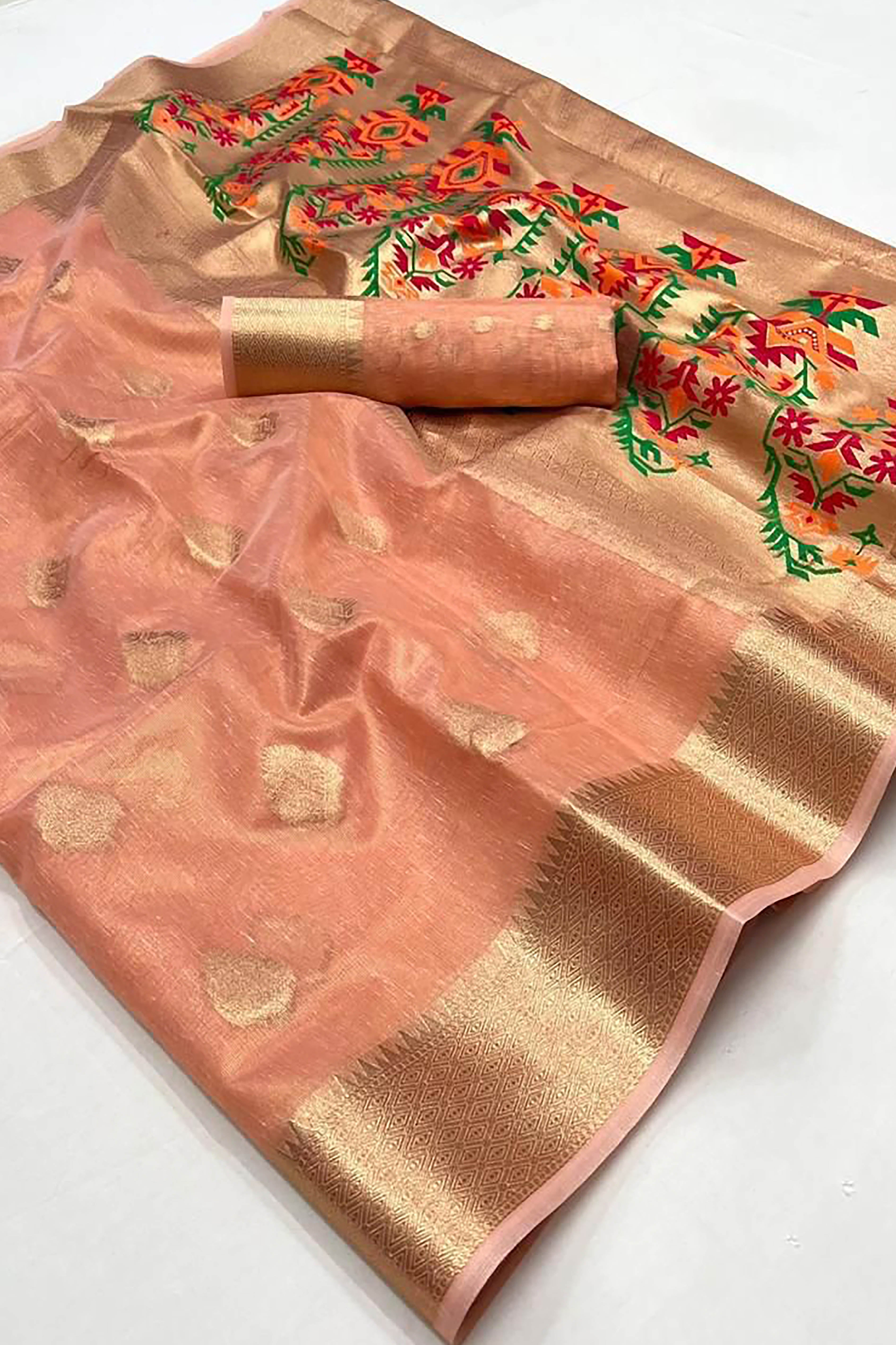 Vidhatri Tissue Linen Paithani Saree in Peach Colour with Zari & Thread Woven Pallu.