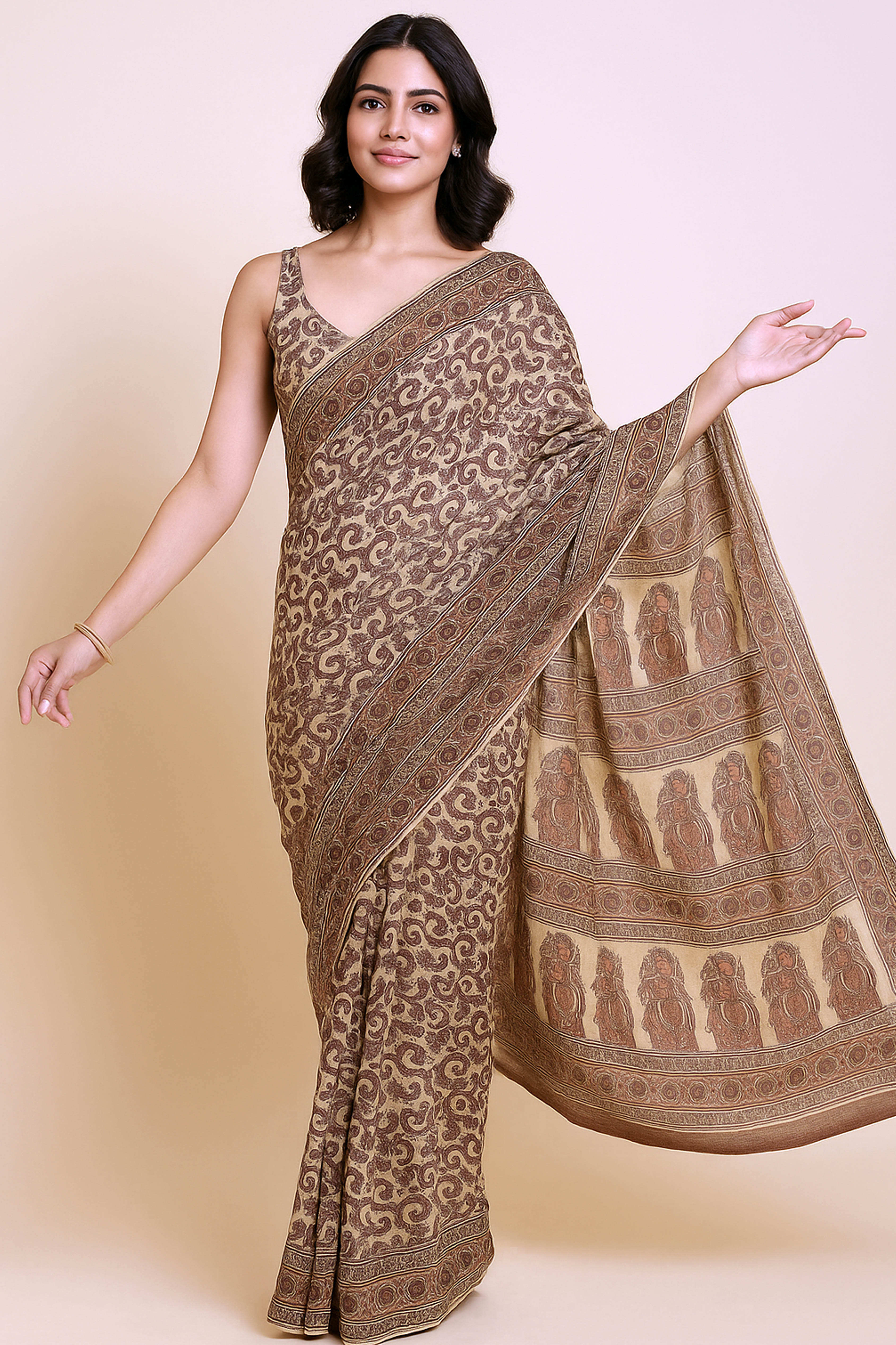 Ira Kashmiri Kani Work Blended Silk Saree in Off-white Base with Subtle Matt Red & Grey - Indian Handloomz