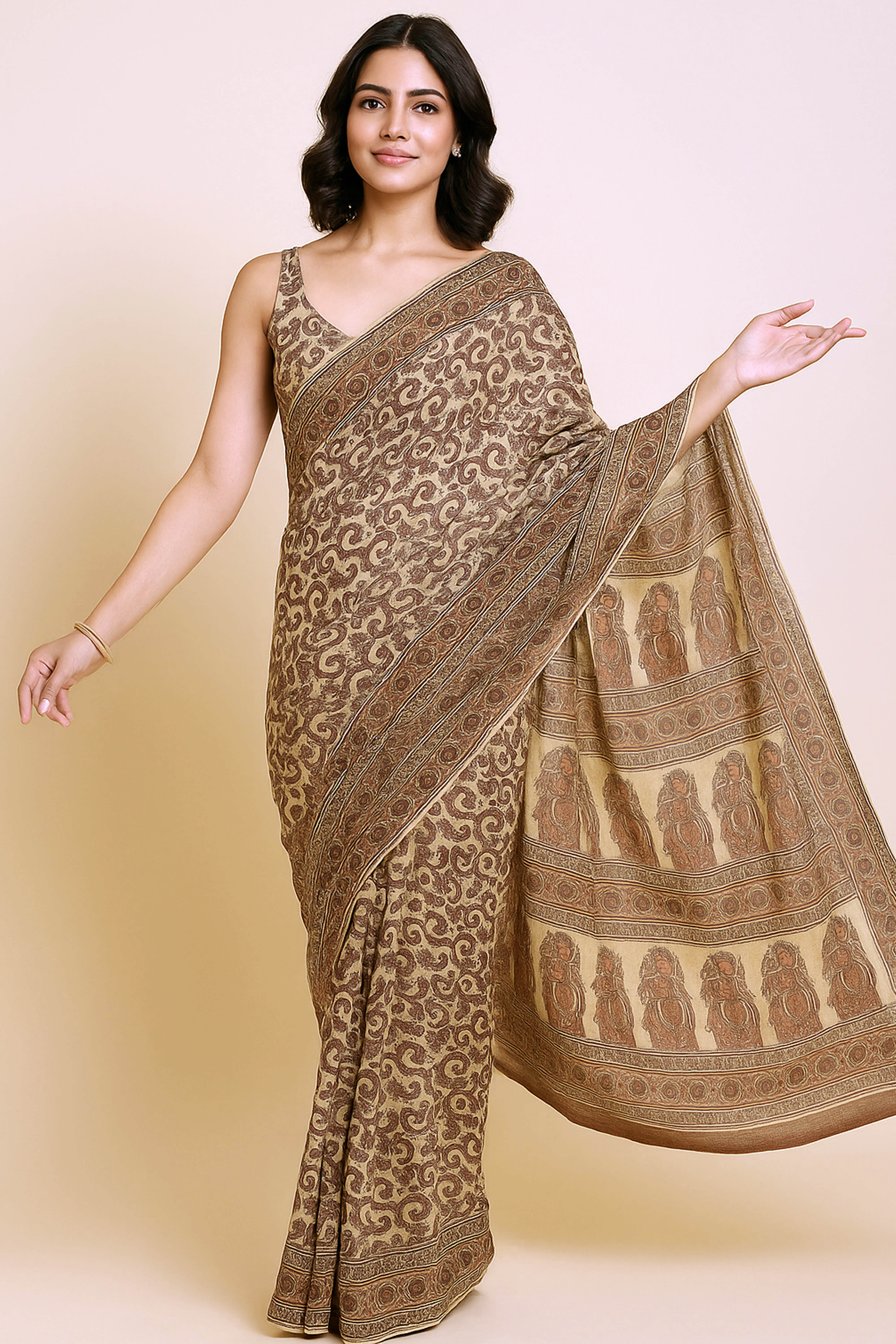 Ira Kashmiri Kani Work Blended Silk Saree in Off-white Base with Subtle Matt Red & Grey