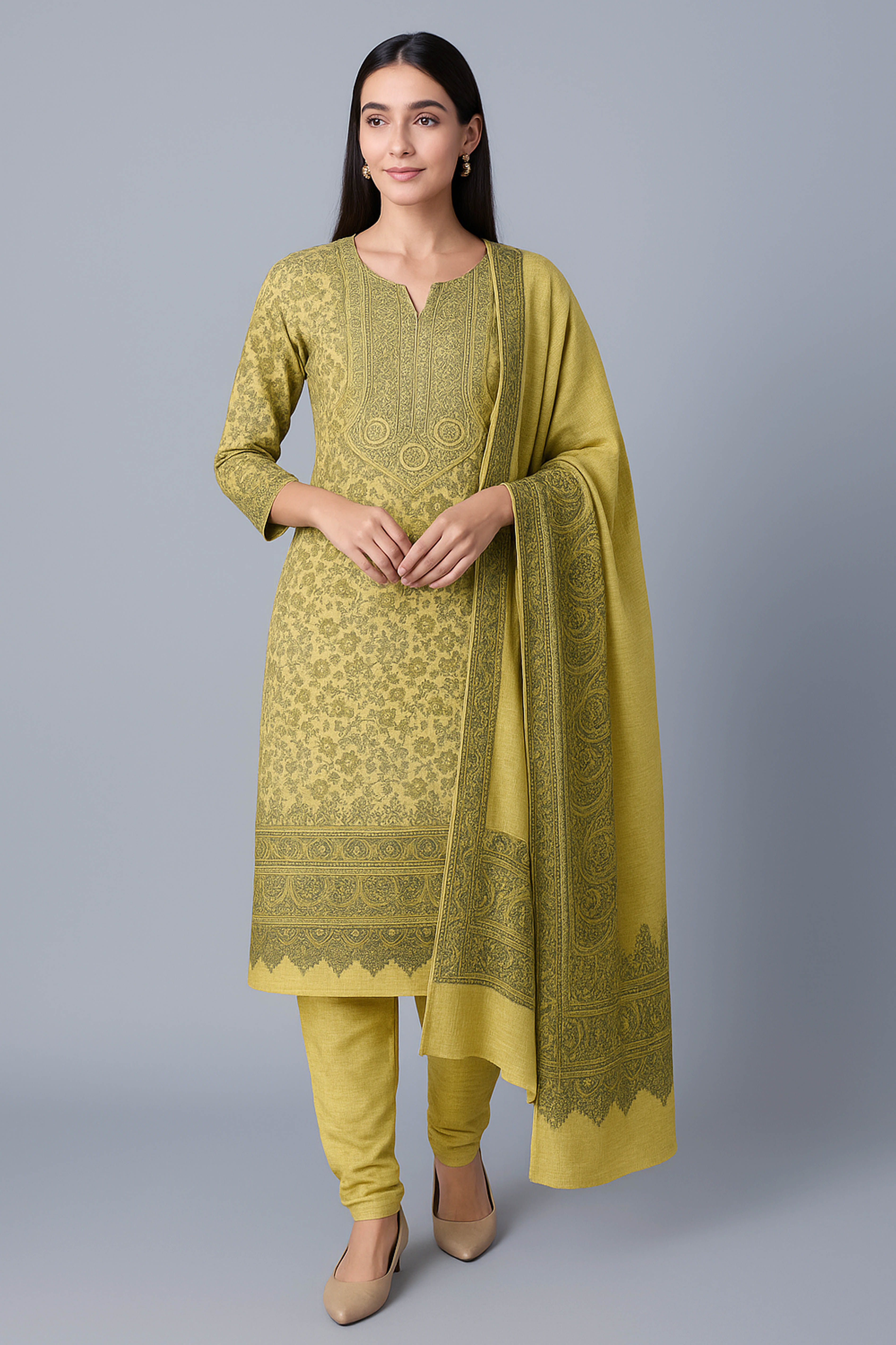 Tamana Kashmiri Blended Silk Unstitched Suit Set in Butterscotch Yellow Base with Light Golden & Black Kani Work, Border on Sleeves & Top Back - Indian Handloomz