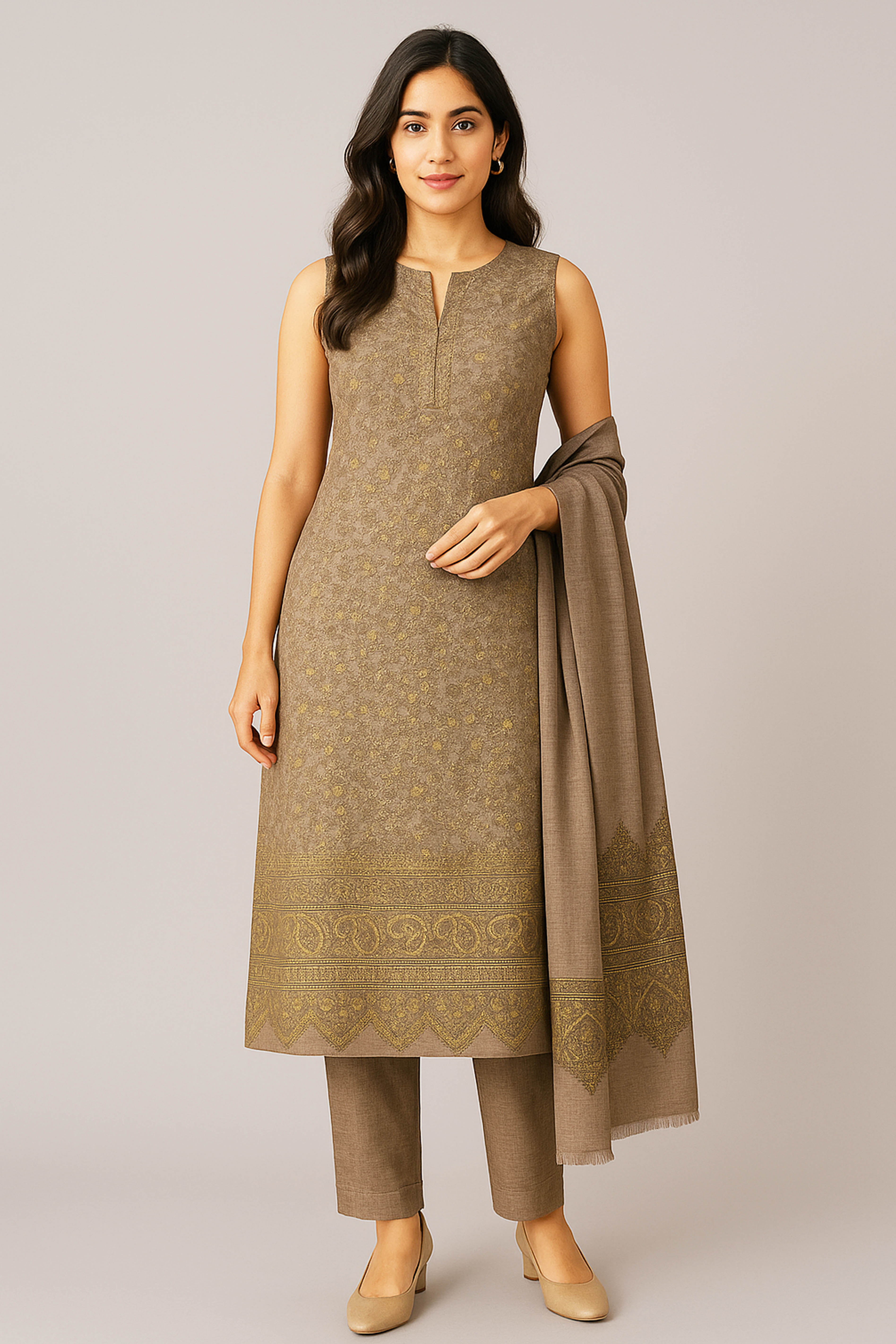 Vaani Kashmiri Blended Silk Unstitched Suit Set in Off-White Colour with Light Copper Kani Work, Border on Sleeves & Top Back - Indian Handloomz