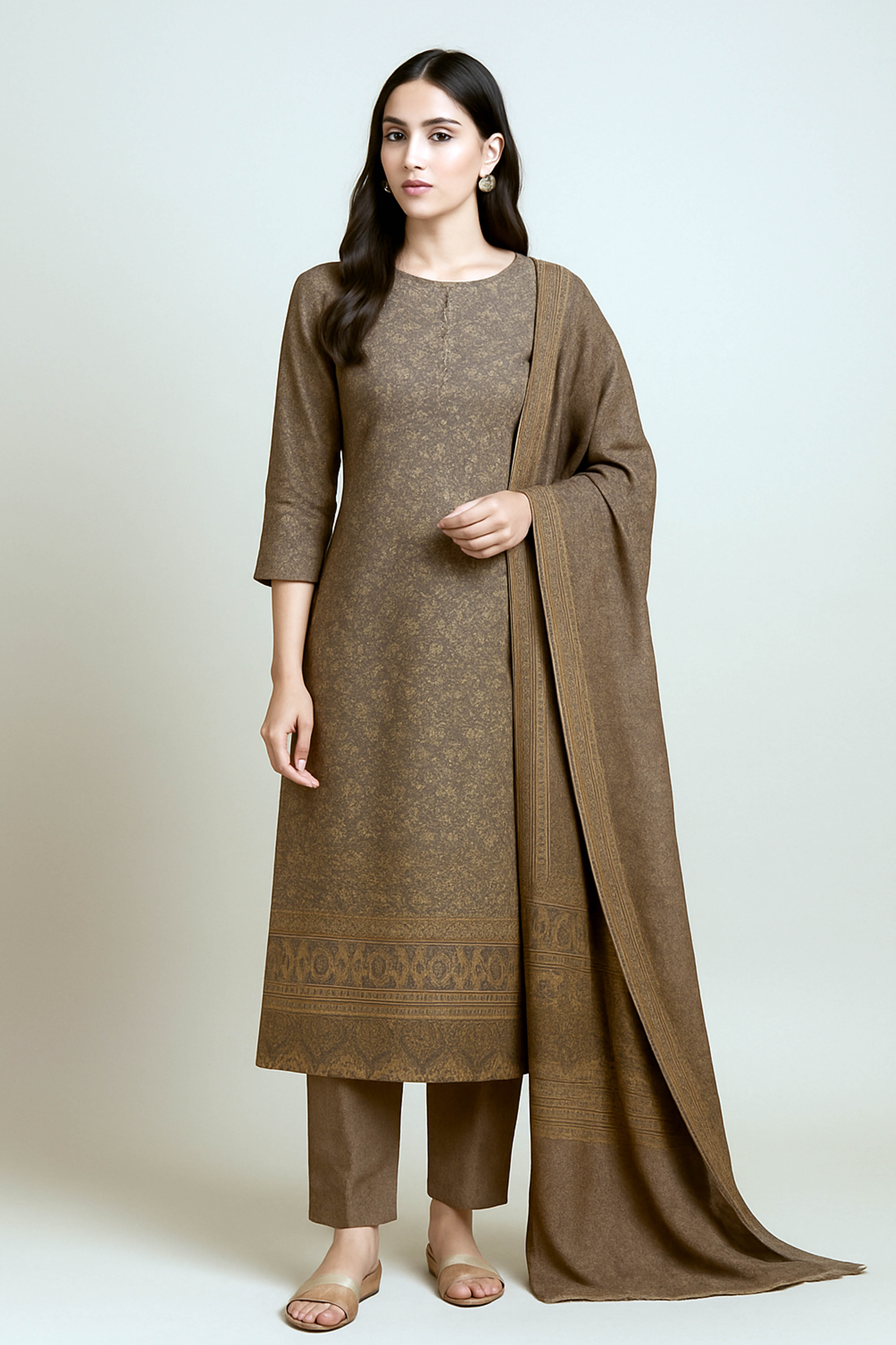 Vaani Kashmiri Blended Silk Unstitched Suit Set in Off-White Colour with Light Copper Kani Work, Border on Sleeves & Top Back - Indian Handloomz
