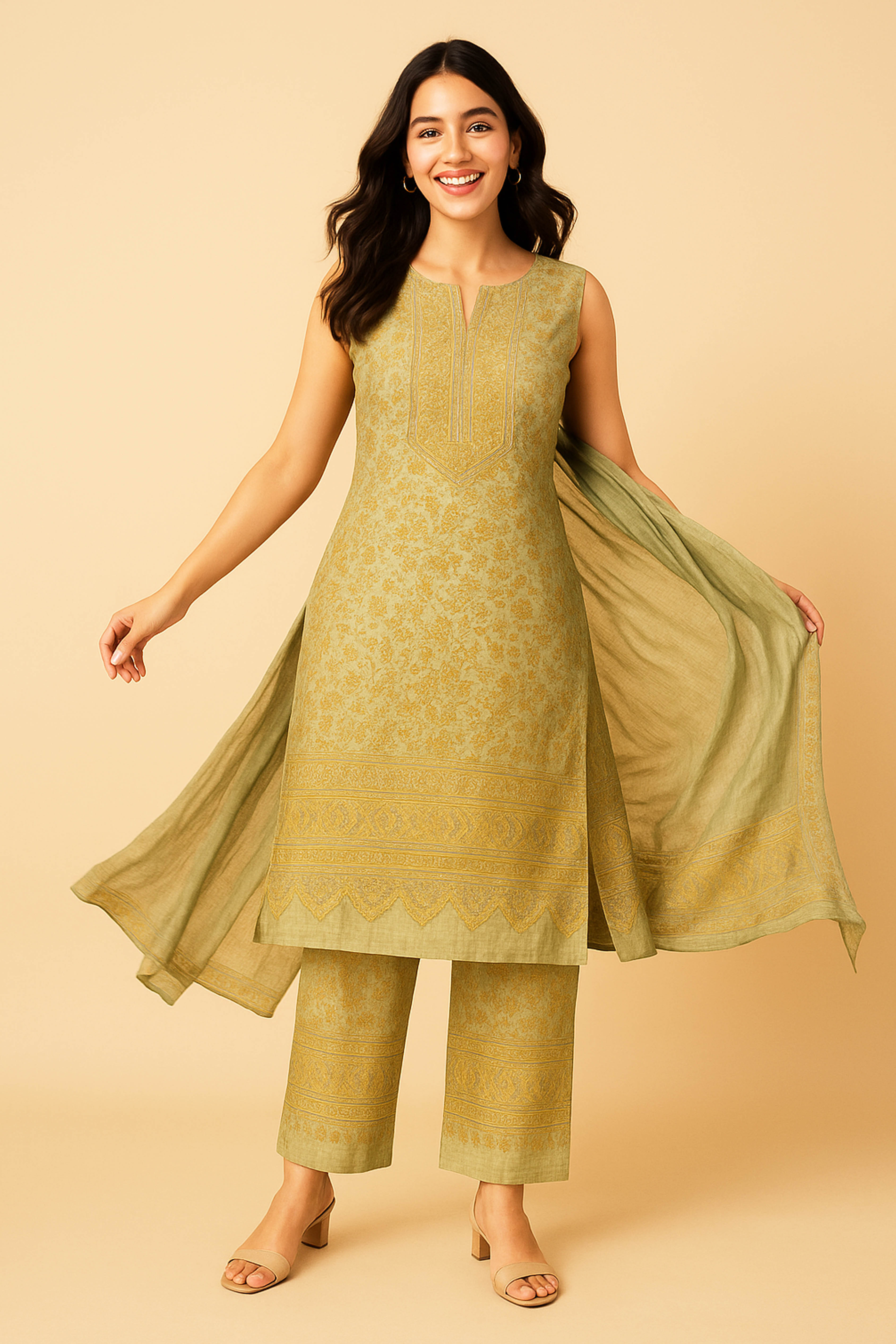 Udita Kashmiri Blended Silk Unstitched Suit Set in Grey Base with Light Golden & Black Kani Work, Border on Sleeves & Top Back - Indian Handloomz