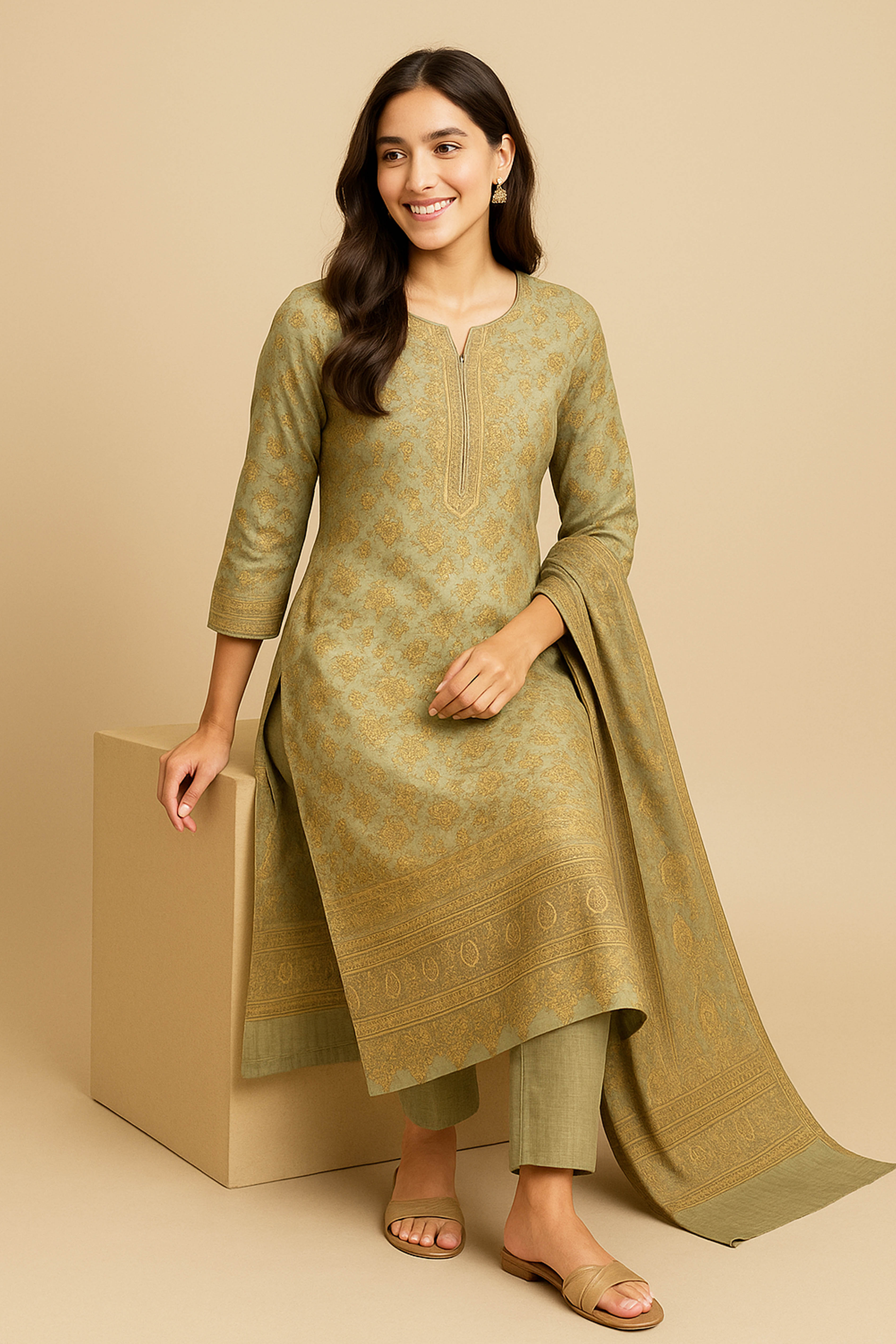 Udita Kashmiri Blended Silk Unstitched Suit Set in Grey Base with Light Golden & Black Kani Work, Border on Sleeves & Top Back - Indian Handloomz