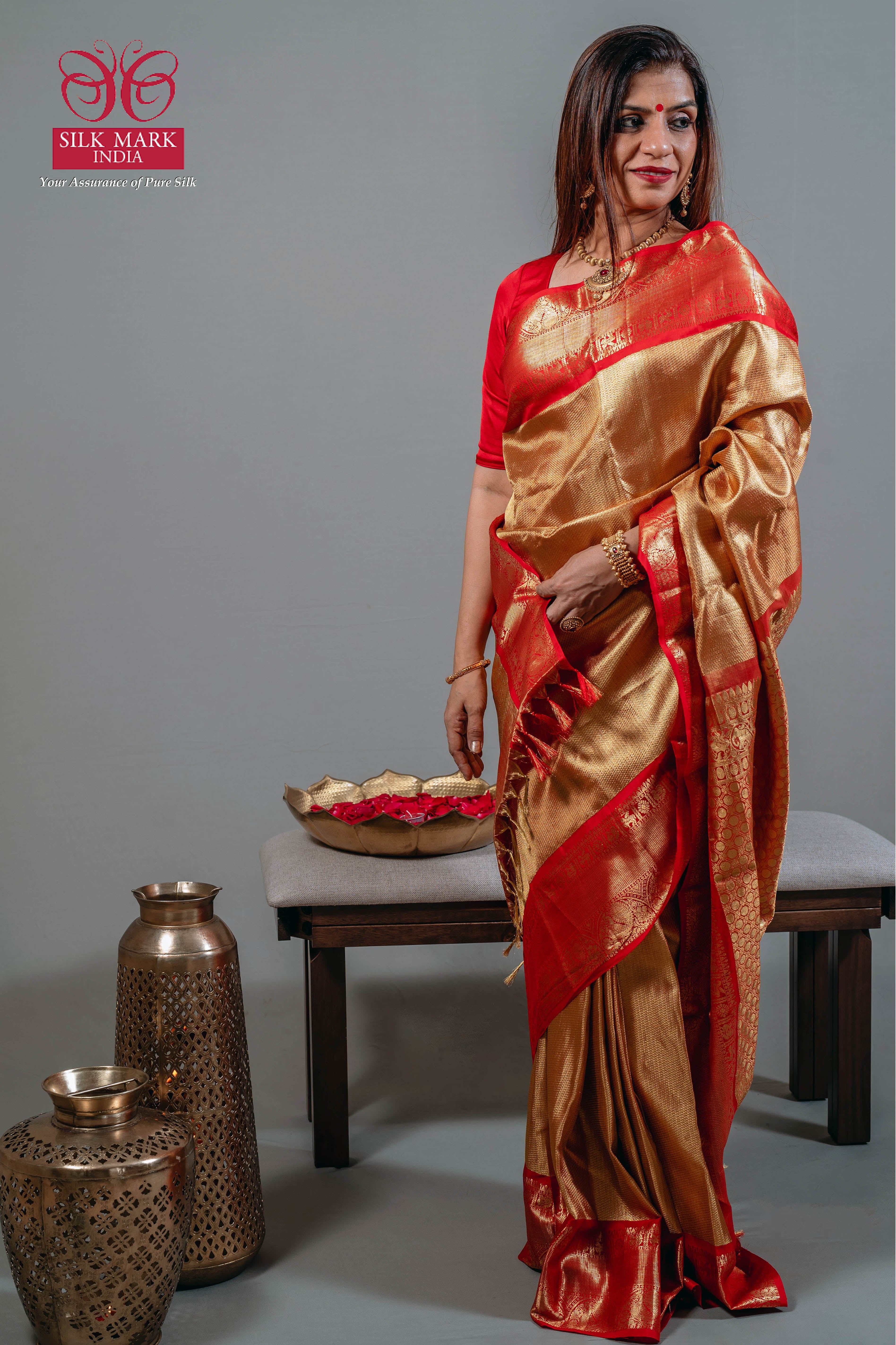 Ambika Bridal Kanchi Silk Saree in Bright Gold with Kumkum Red Border & Animal Motifs - Indian Handloomz