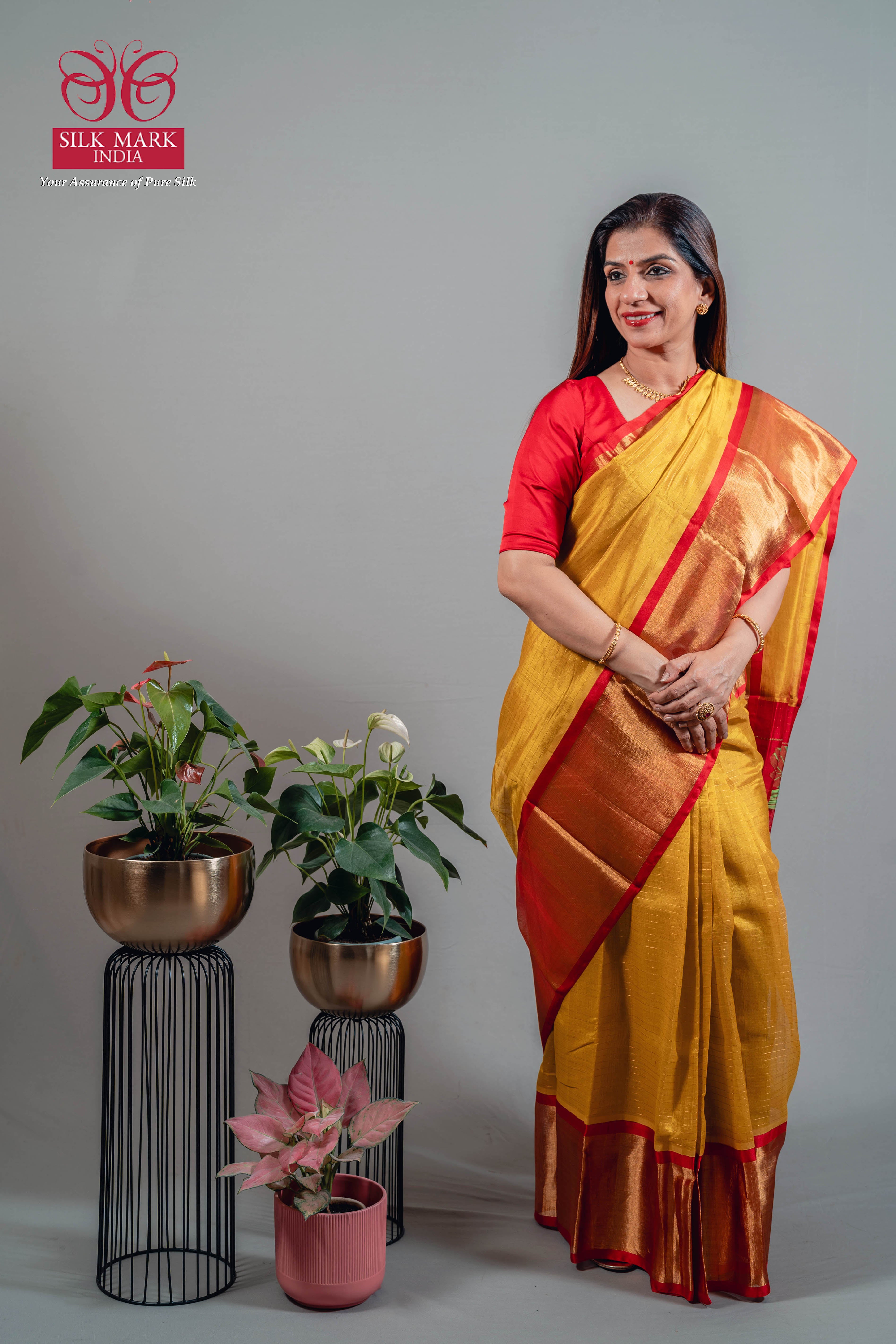 Devyani Pure Silk Kanchi Saree in Golden Yellow with Gold Zari & Red Border - Indian Handloomz