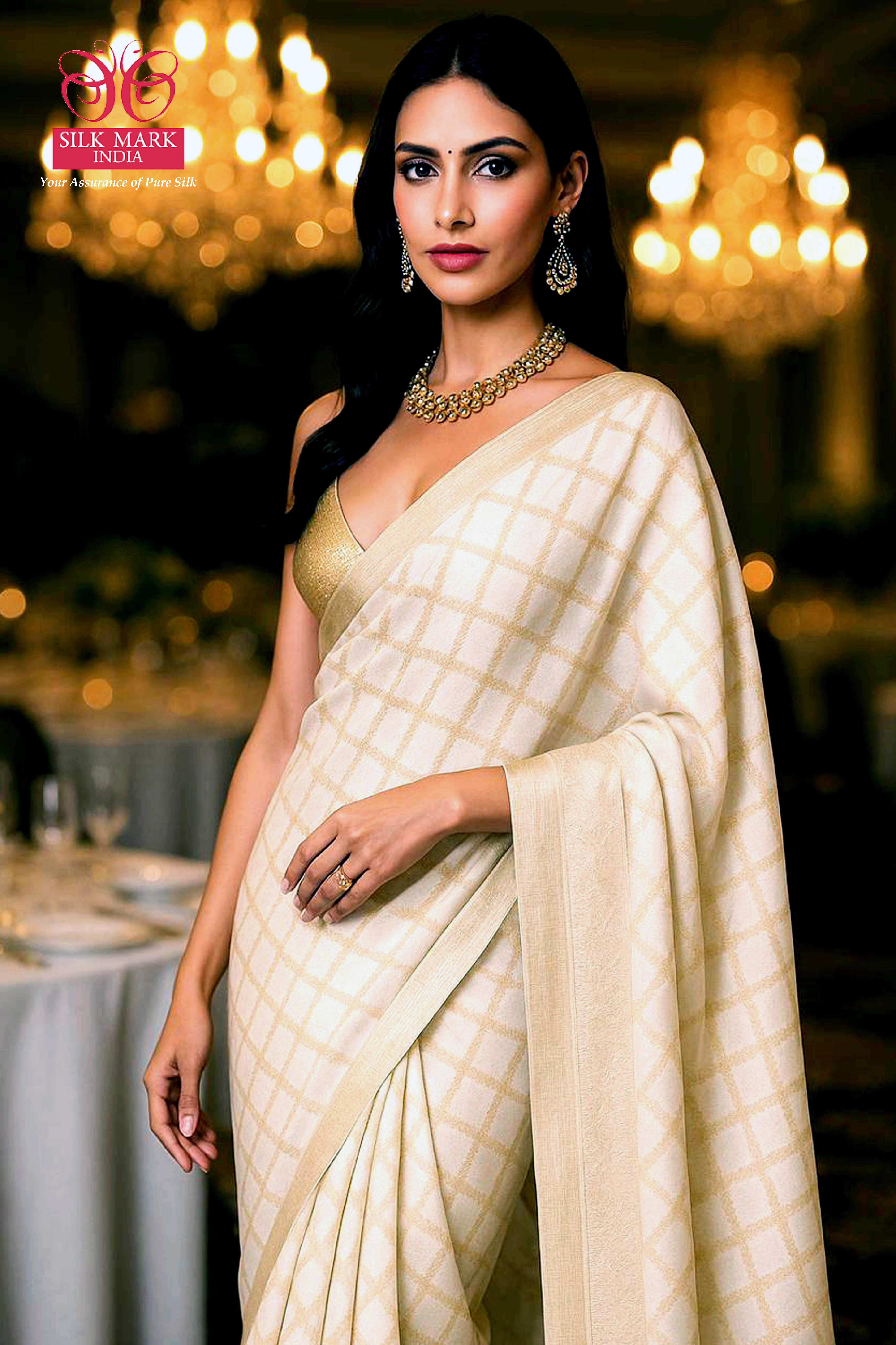 Pearl White & Golden Kota Silk Saree