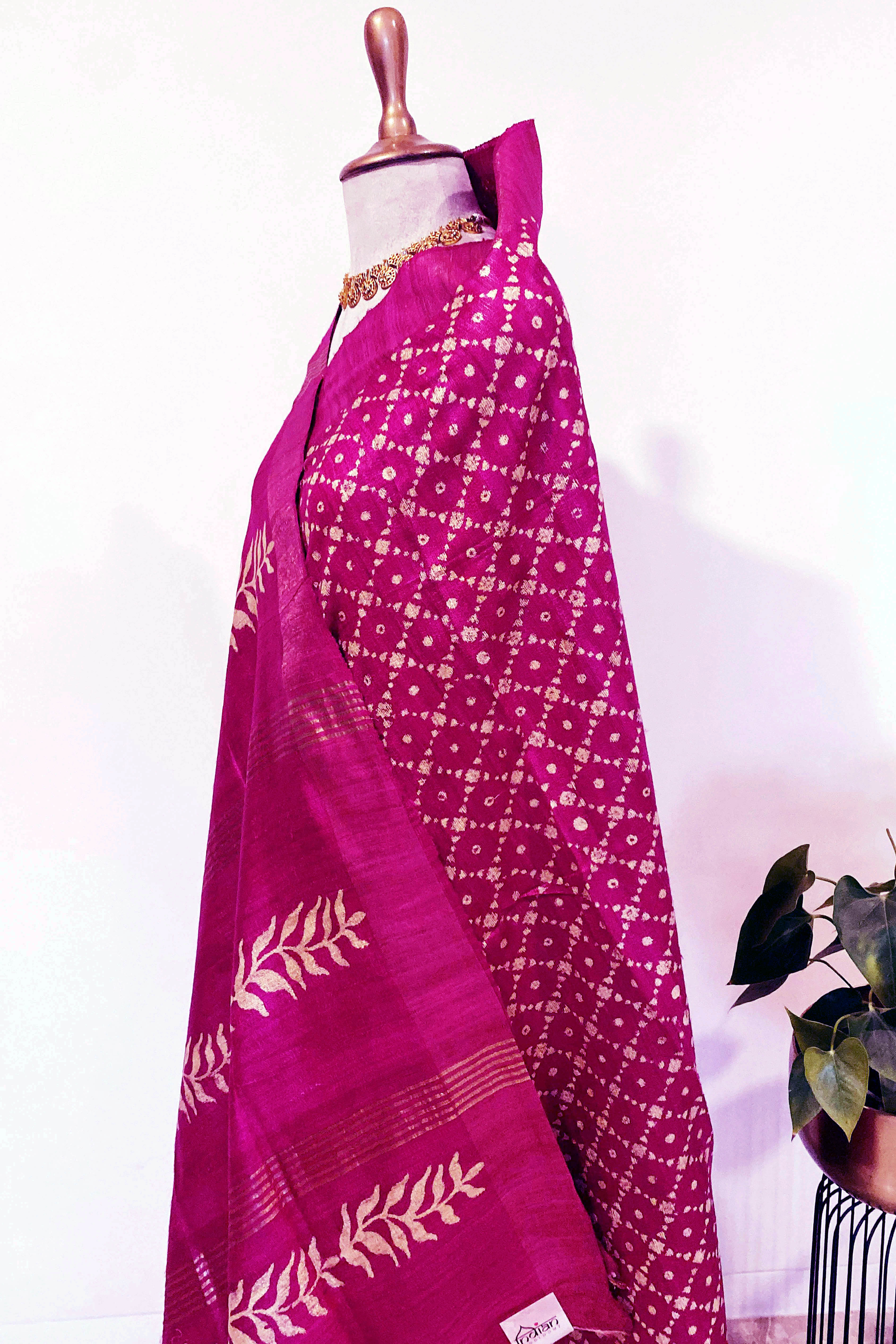 Ketaki Pure Ghicha Tussar Silk Saree in Screen Printing Beige & Pink Colour