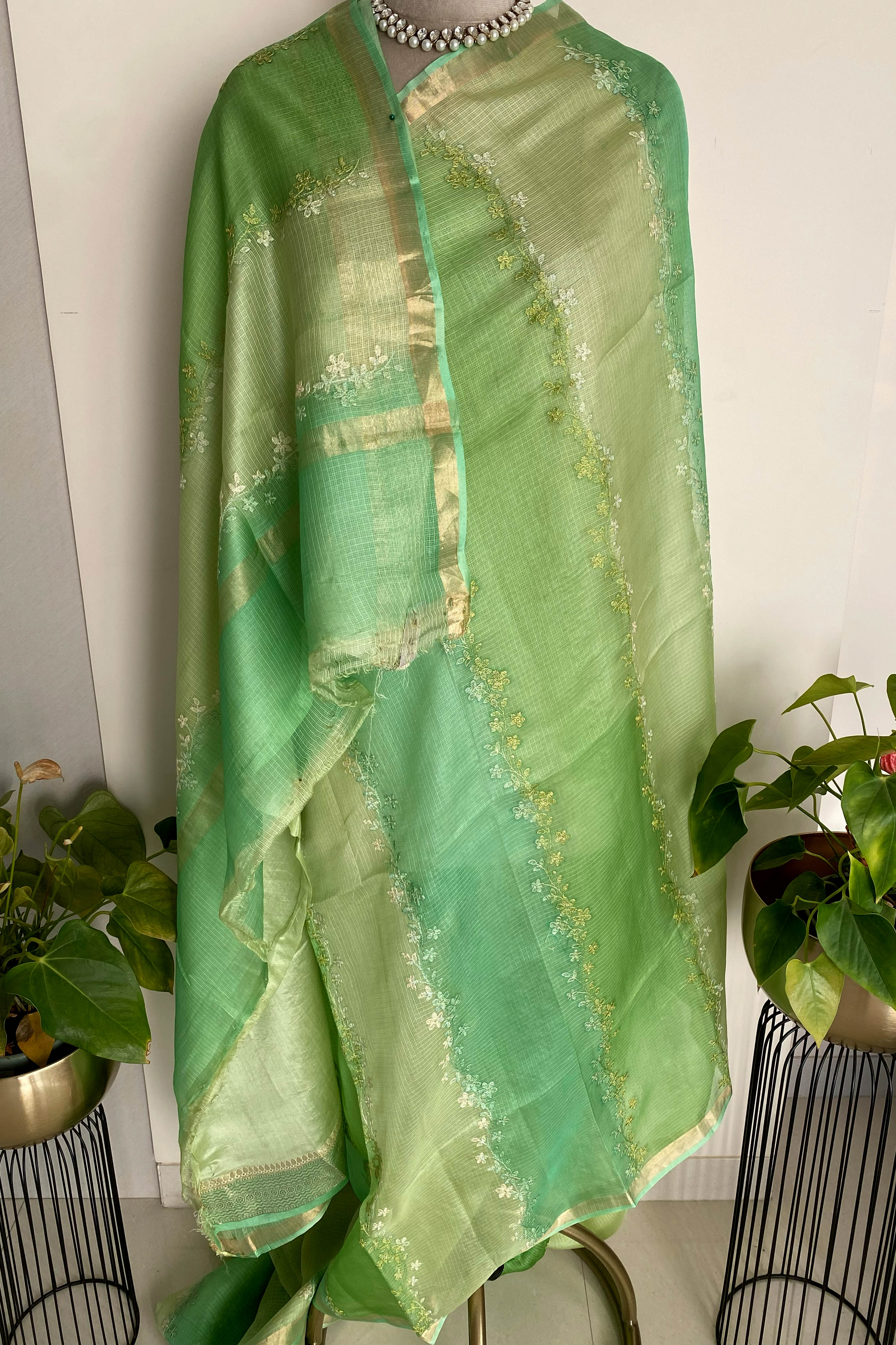 Kota Silk Saree in Rangkat with Shades of Green - Indian Handloomz