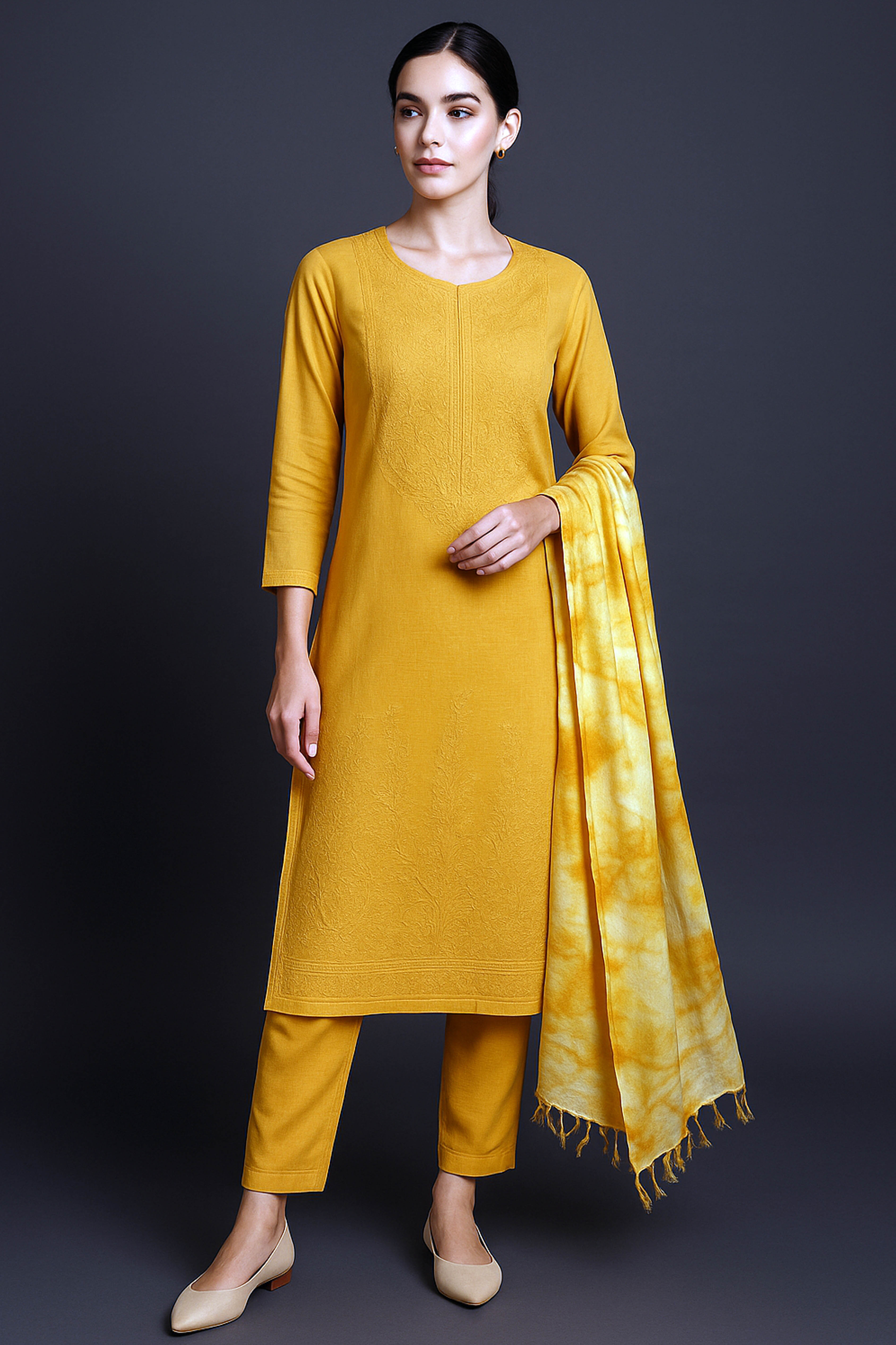 Mishty Chanderi Silk Cotton Unstitched Suit Set in Mustard Yellow with Mukaish Embroidery - Indian Handloomz