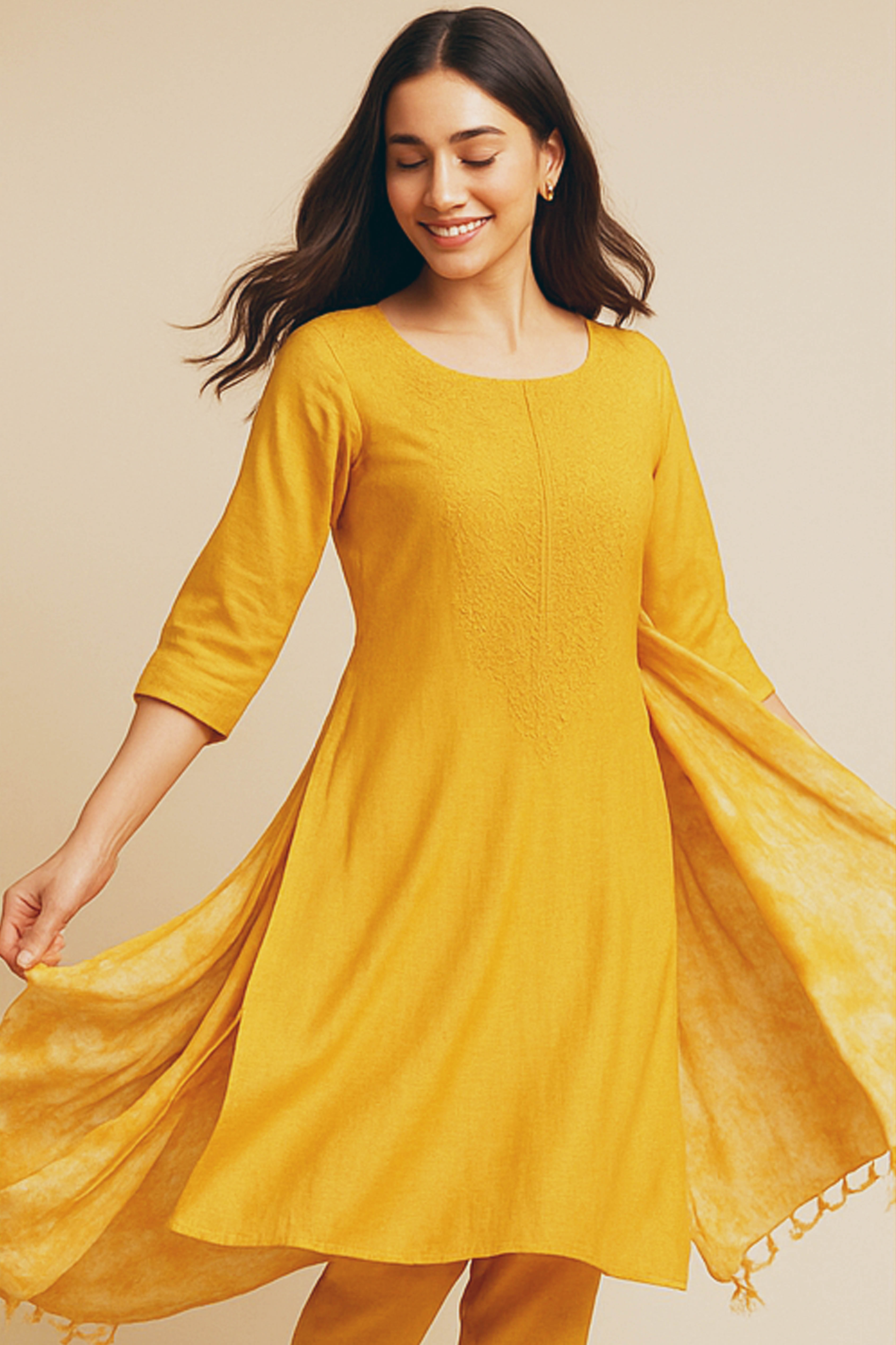 Mishty Chanderi Silk Cotton Unstitched Suit Set in Mustard Yellow with Mukaish Embroidery - Indian Handloomz