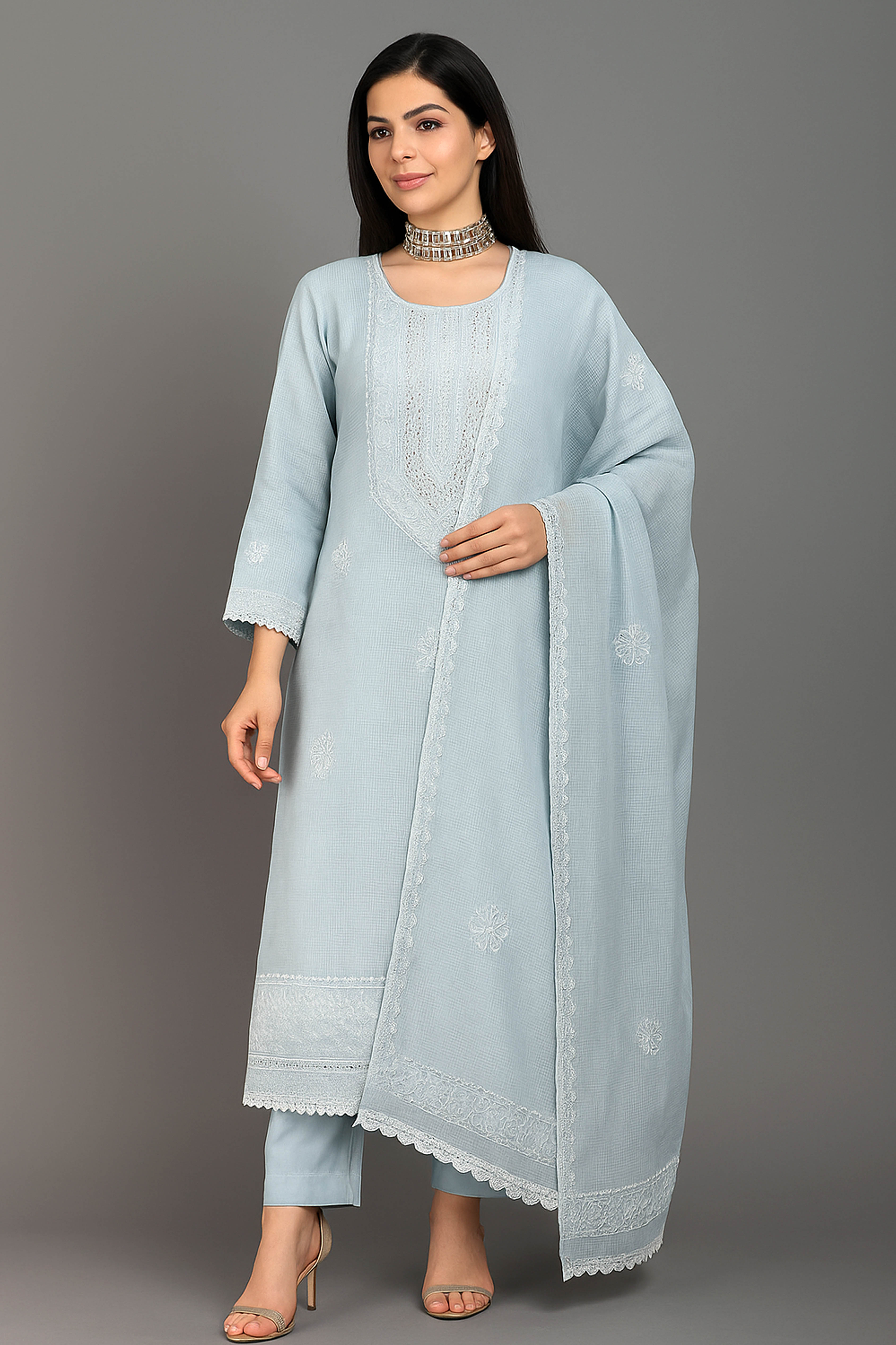 Pushti Kota Doriya Unstitched Suit Set in Light Grey Base & Lucknowi Chikankari White Thread Embroidery - Indian Handloomz