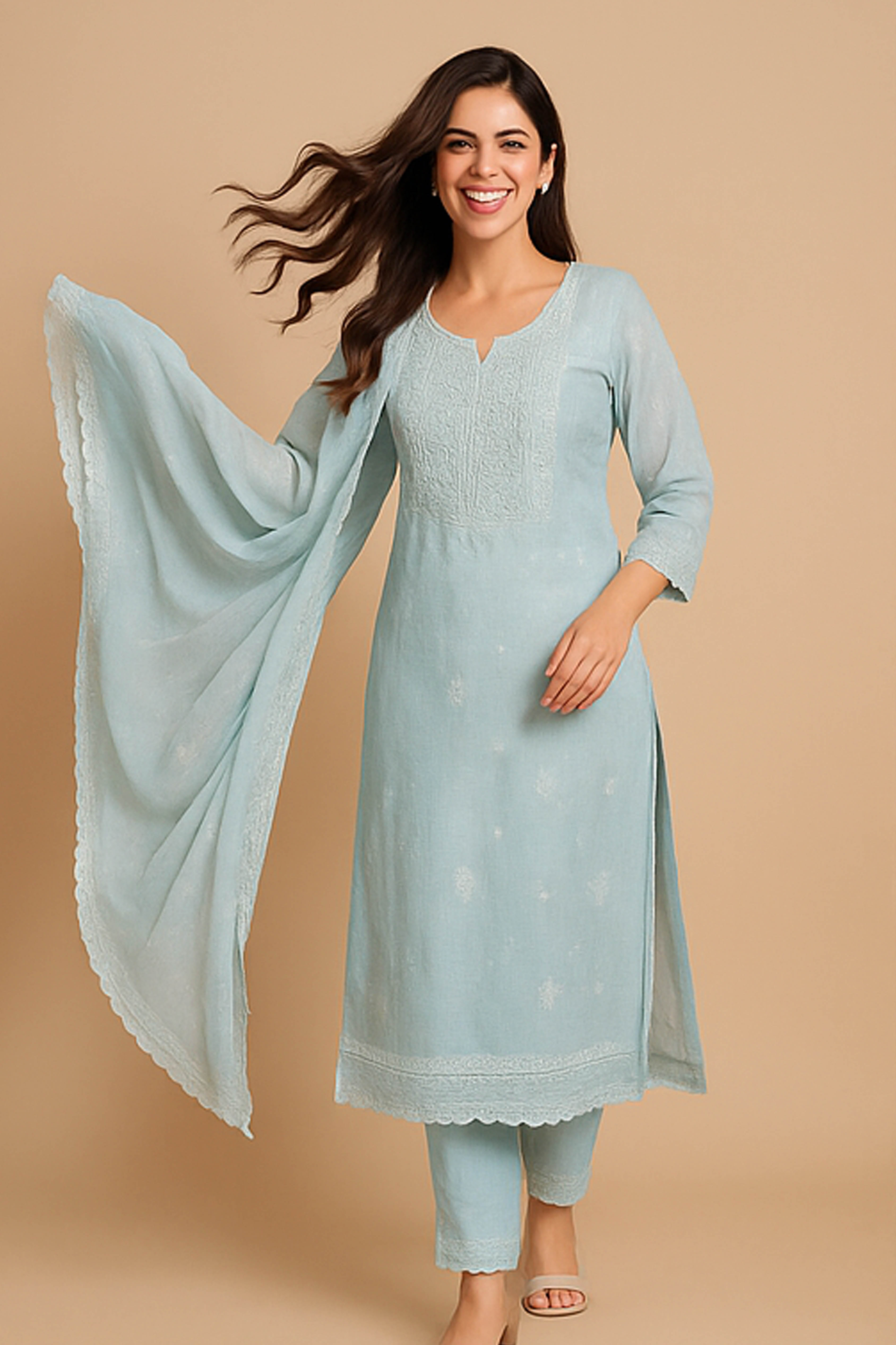 Pushti Kota Doriya Unstitched Suit Set in Light Grey Base & Lucknowi Chikankari White Thread Embroidery - Indian Handloomz