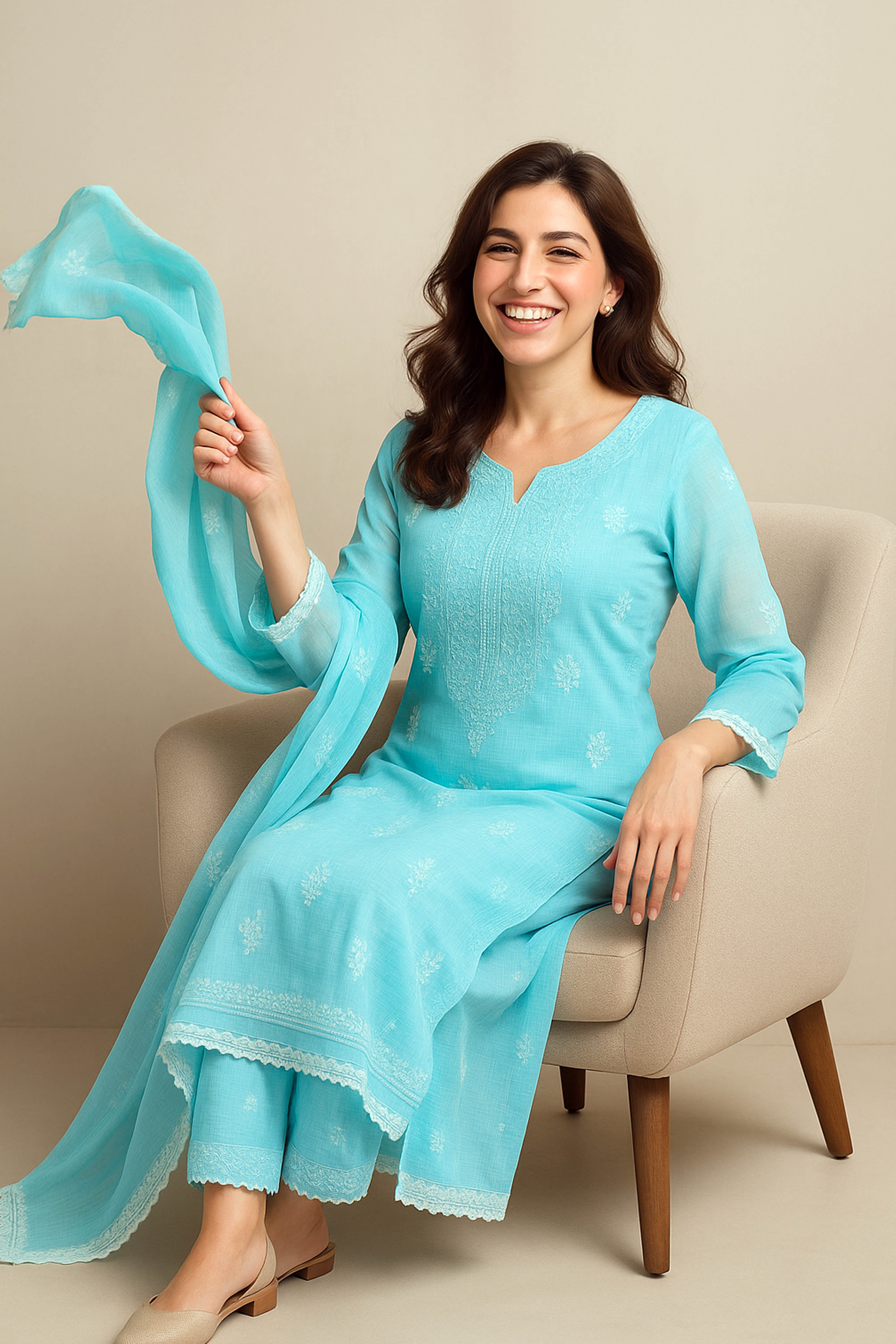 Moha Kota Doriya Unstitched Suit Set in Sky Blue Base & Lucknowi Chikankari White Thread Embroidery - Indian Handloomz