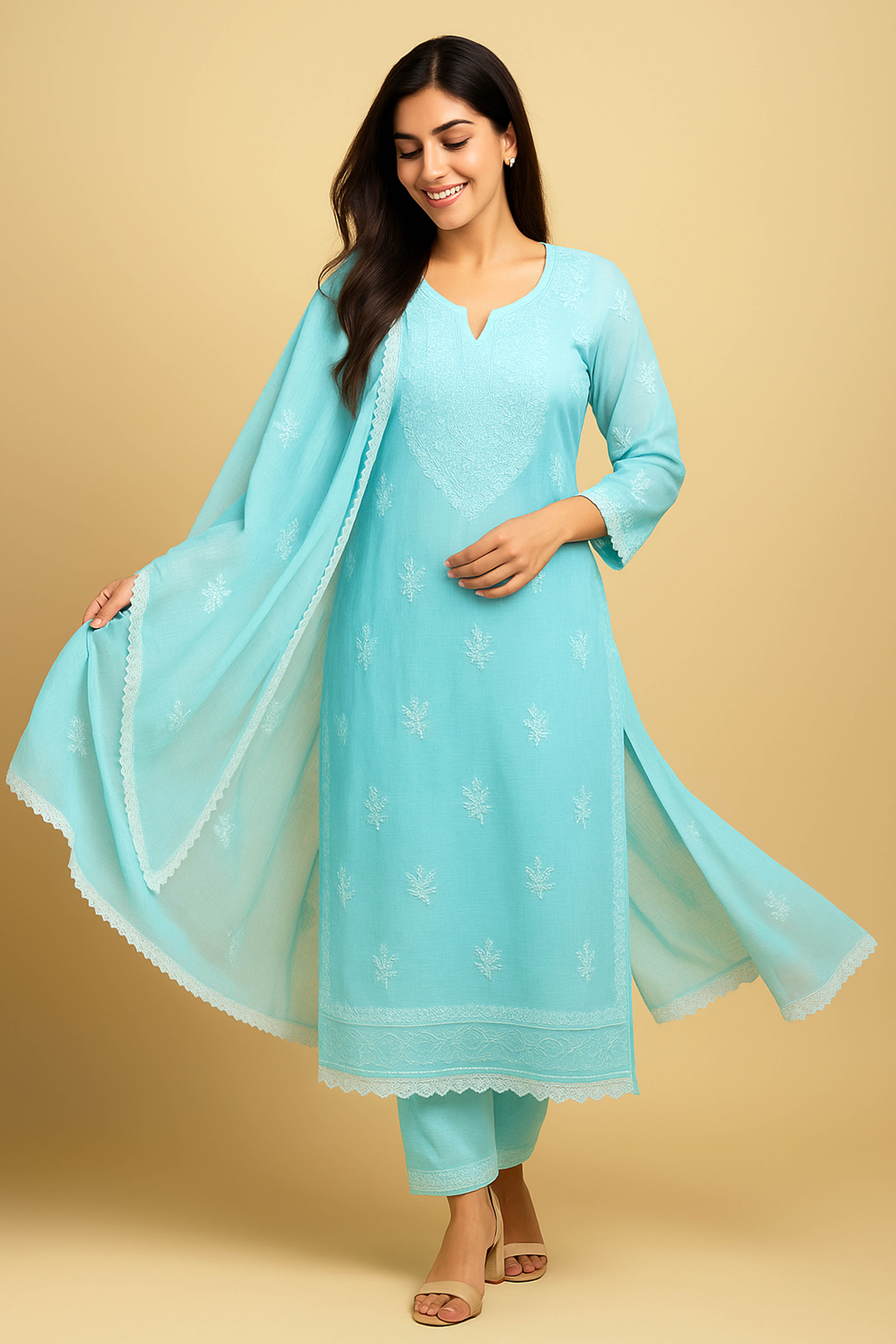 Moha Kota Doriya Unstitched Suit Set in Sky Blue Base & Lucknowi Chikankari White Thread Embroidery - Indian Handloomz