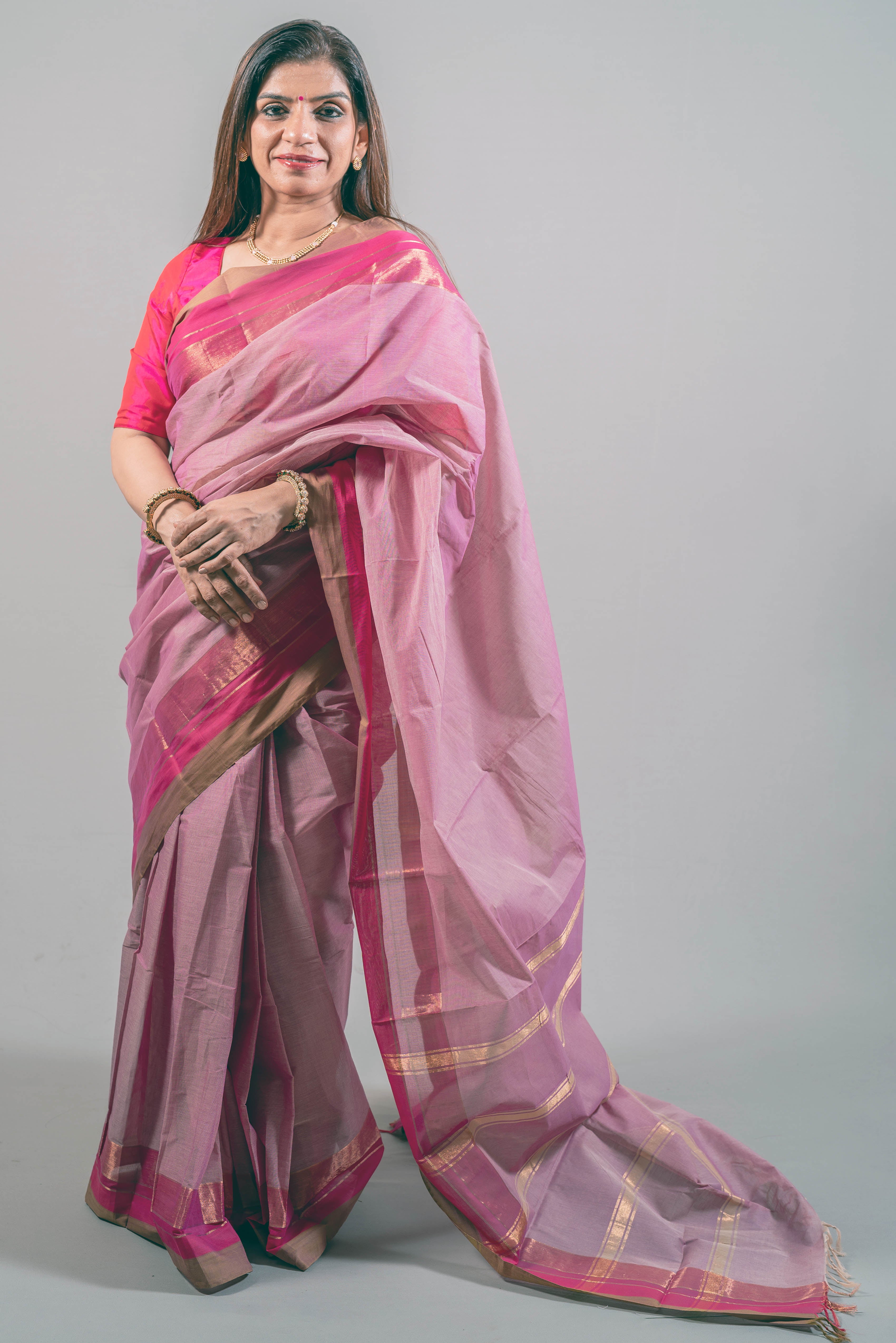 Janki Kanchi Cotton Saree in Light Pink with Broad Dark Pink Border