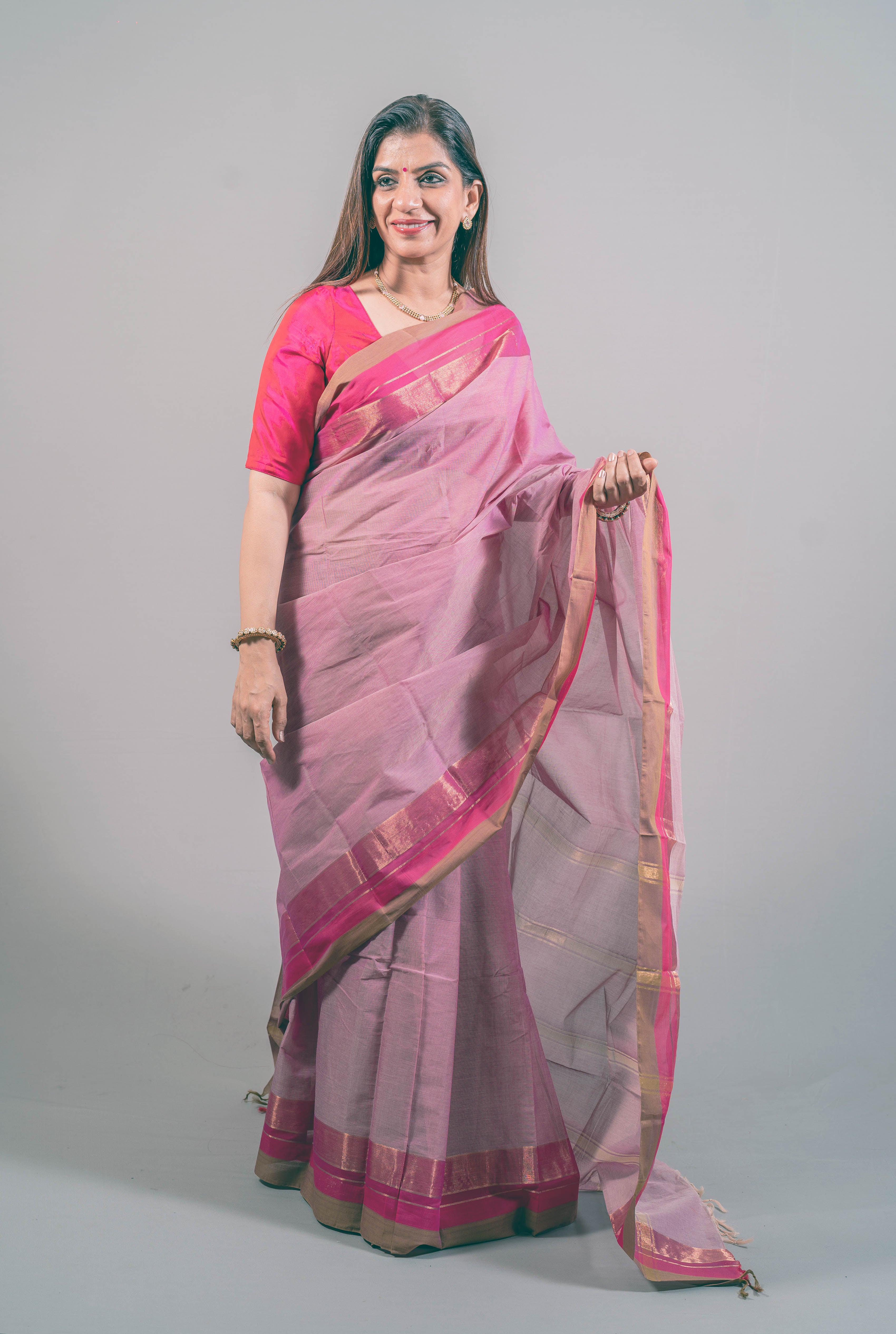 Janki Kanchi Cotton Saree in Light Pink with Broad Dark Pink Border