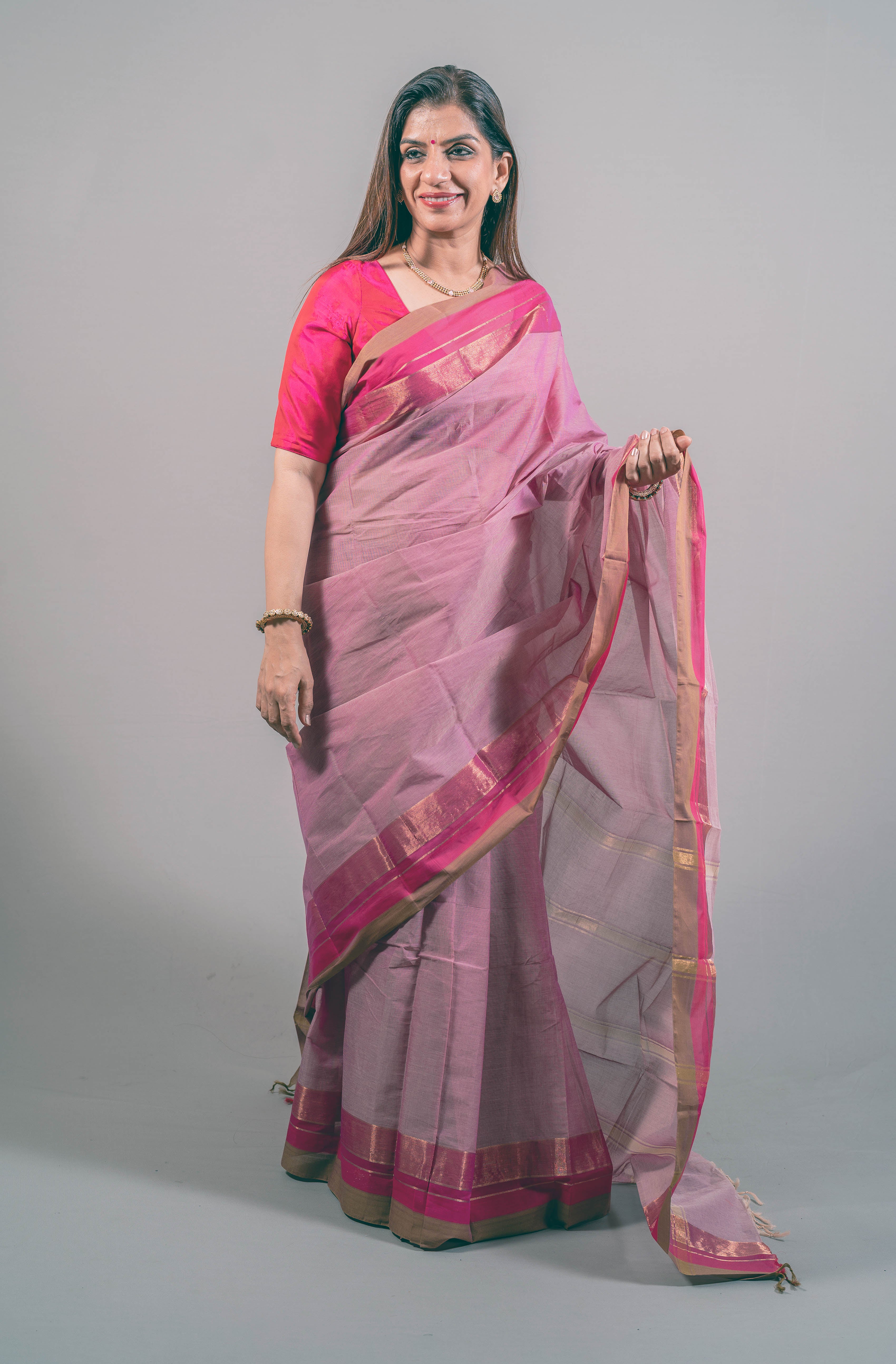 Janki Kanchi Cotton Saree in Light Pink with Broad Dark Pink Border