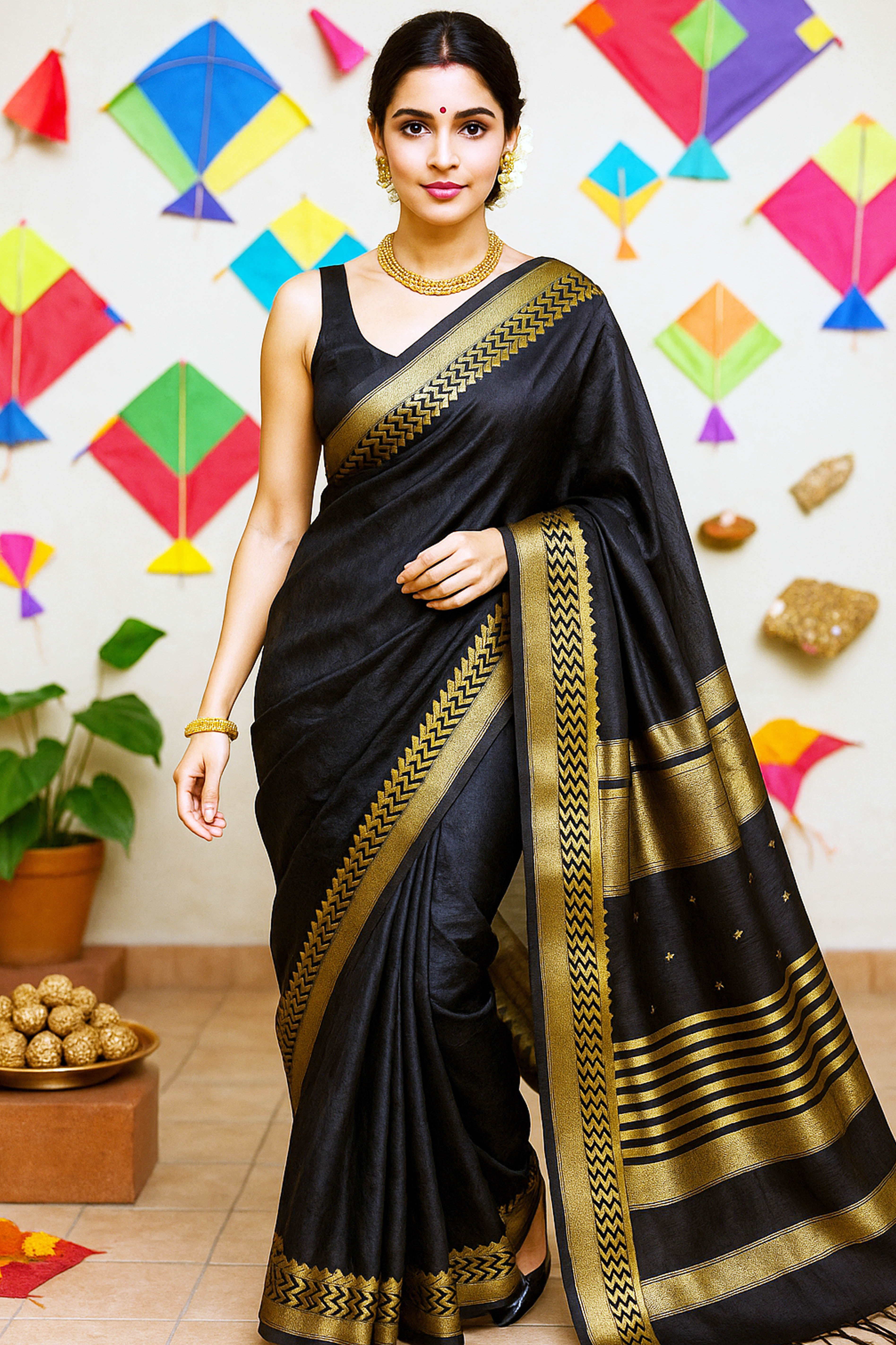 Janani Black Maheshwari Silk Cotton Tissue Saree with Rich Golden Zari Border - Indian Handloomz