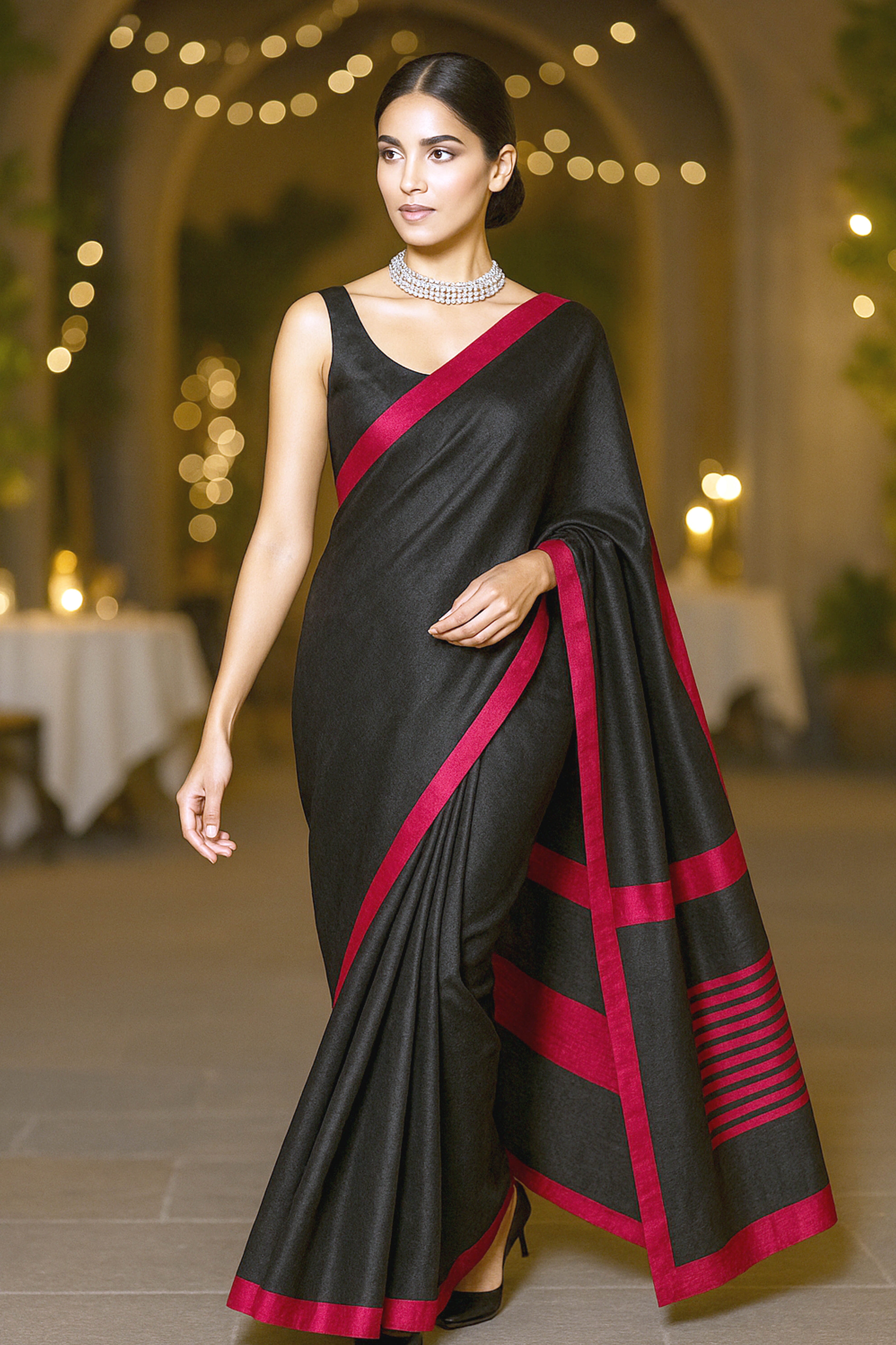 Visishta Black with Pink Rani Resham Border Maheshwari Silk Cotton Tissue Saree - Indian Handloomz