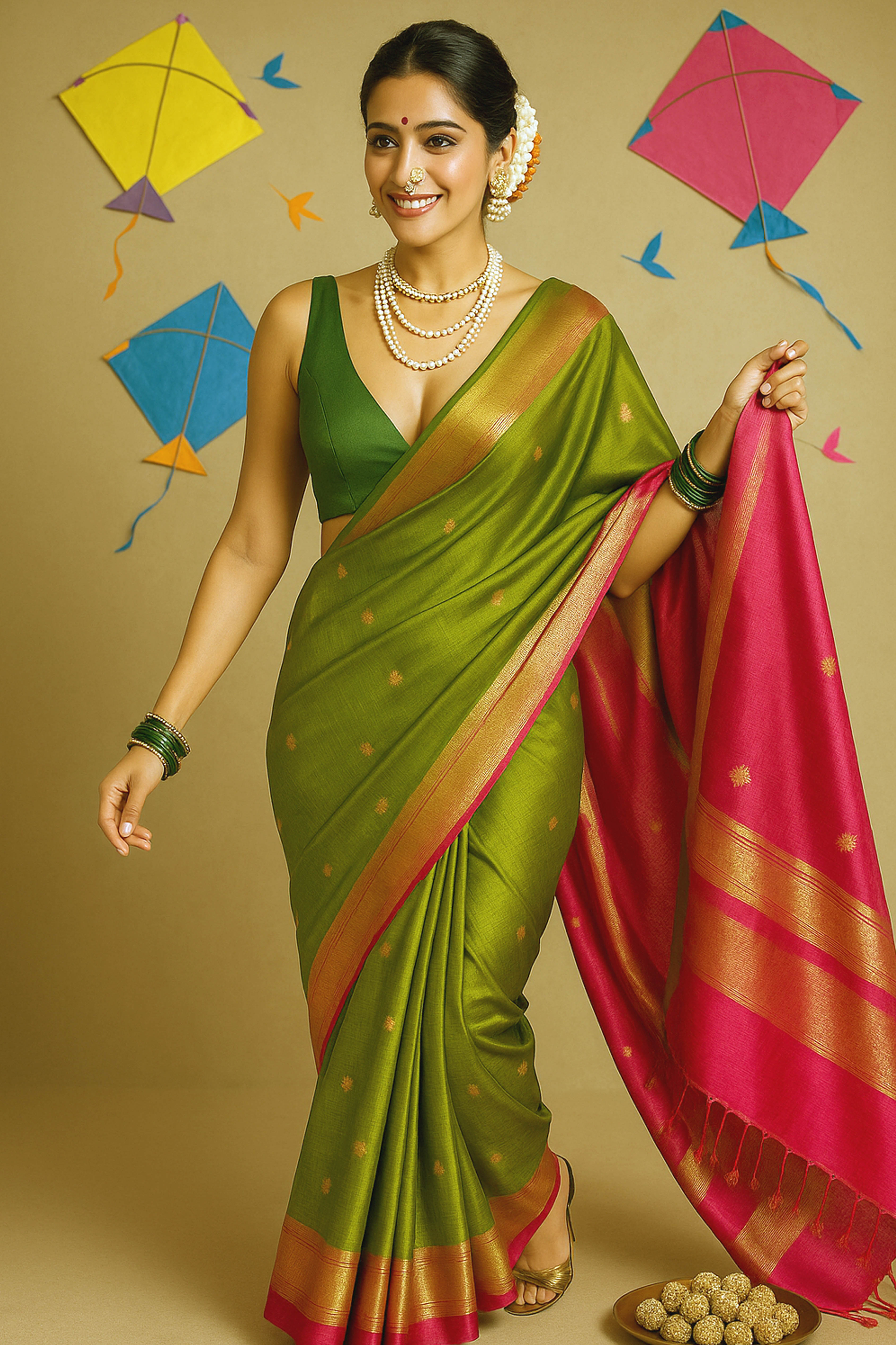 Mishka Mehndi Green Damru Butti Maheshwari Silk Cotton Saree - Indian Handloomz