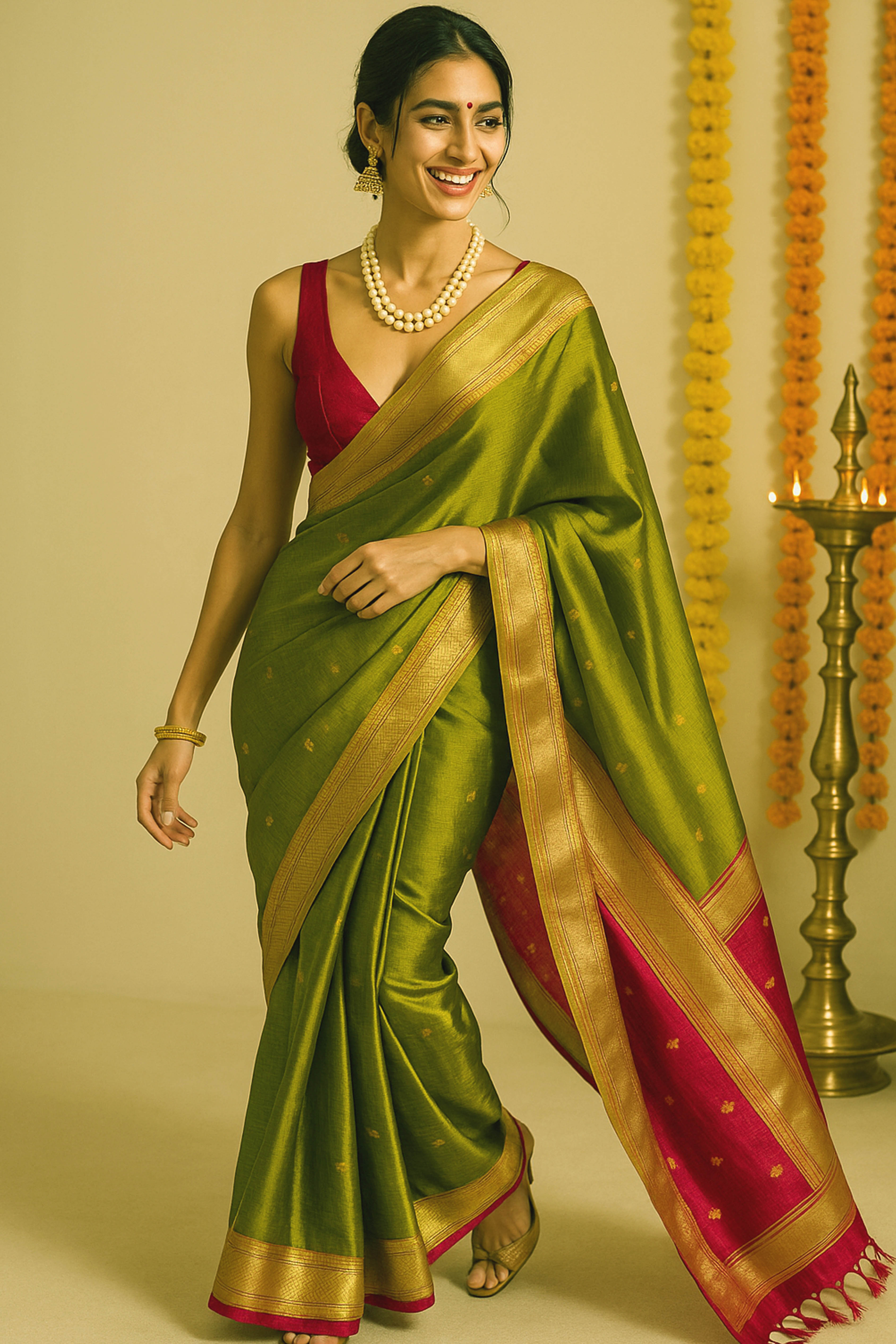 Mishka Mehndi Green Damru Butti Maheshwari Silk Cotton Saree - Indian Handloomz
