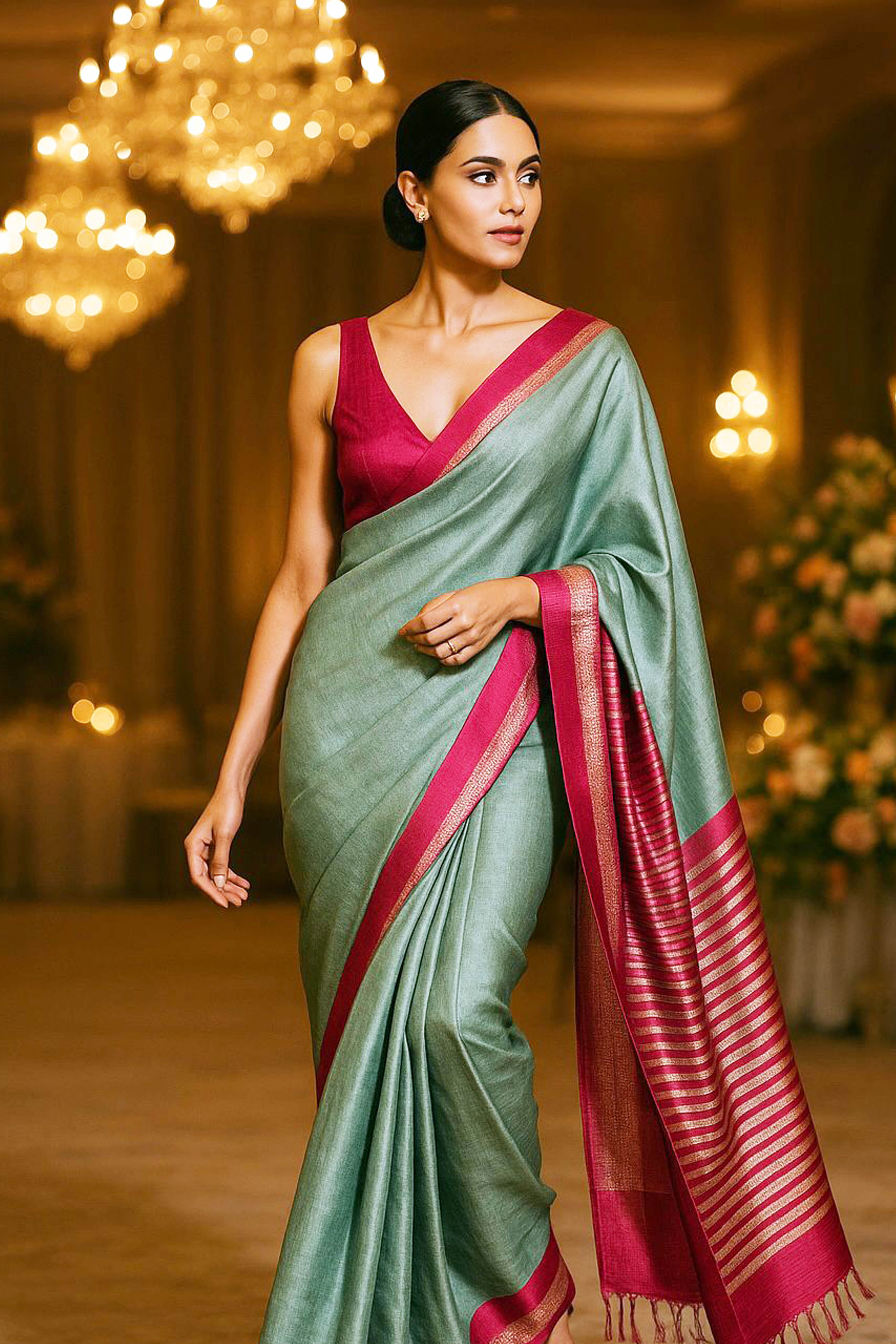 Pranavi Mint Green with Pink Rani Resham Border Maheshwari Silk Cotton Tissue Saree - Indian Handloomz