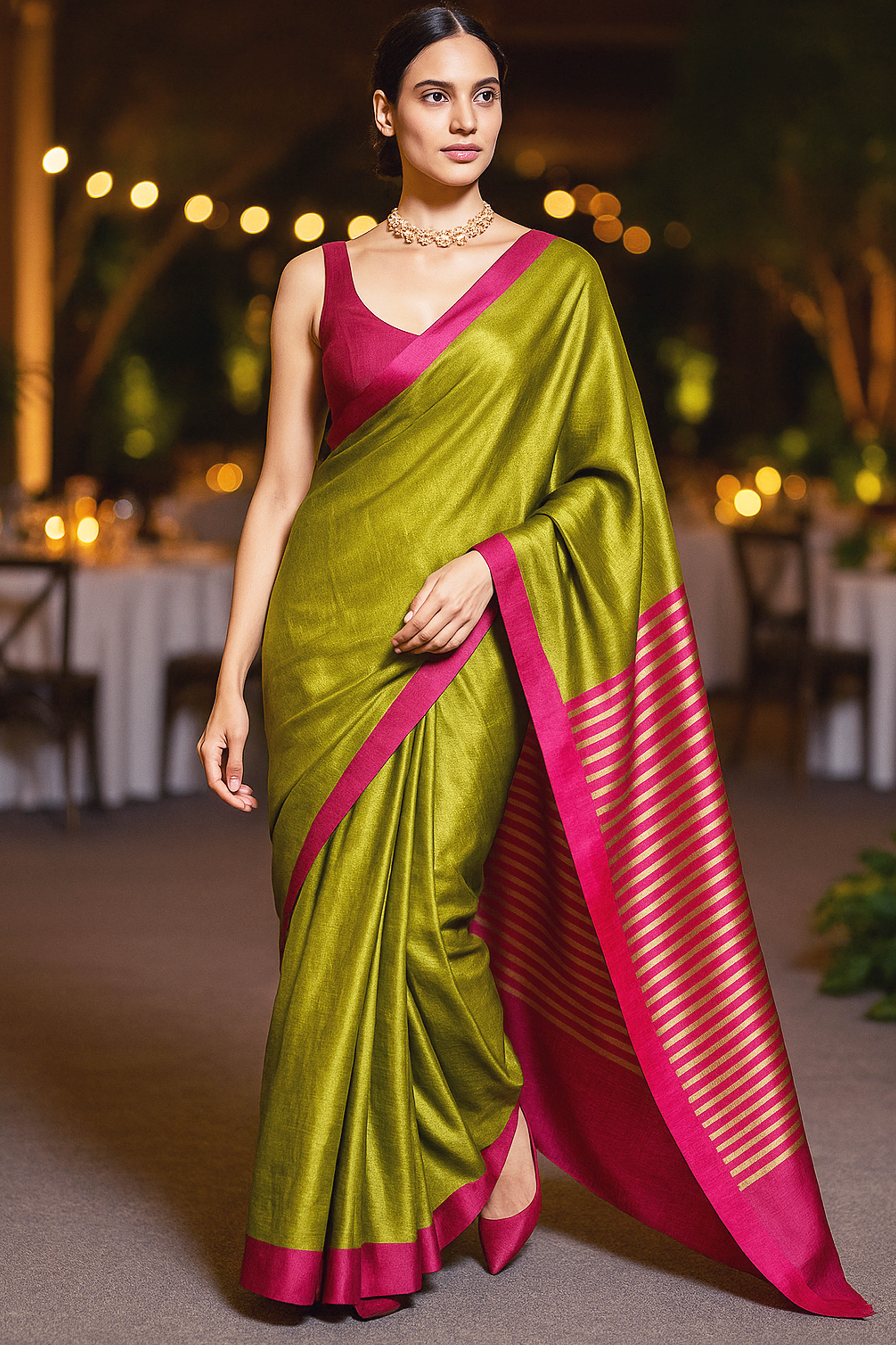 Kshiti Parrot Green with Pink Rani Resham Border Maheshwari Silk Cotton Tissue Saree - Indian Handloomz