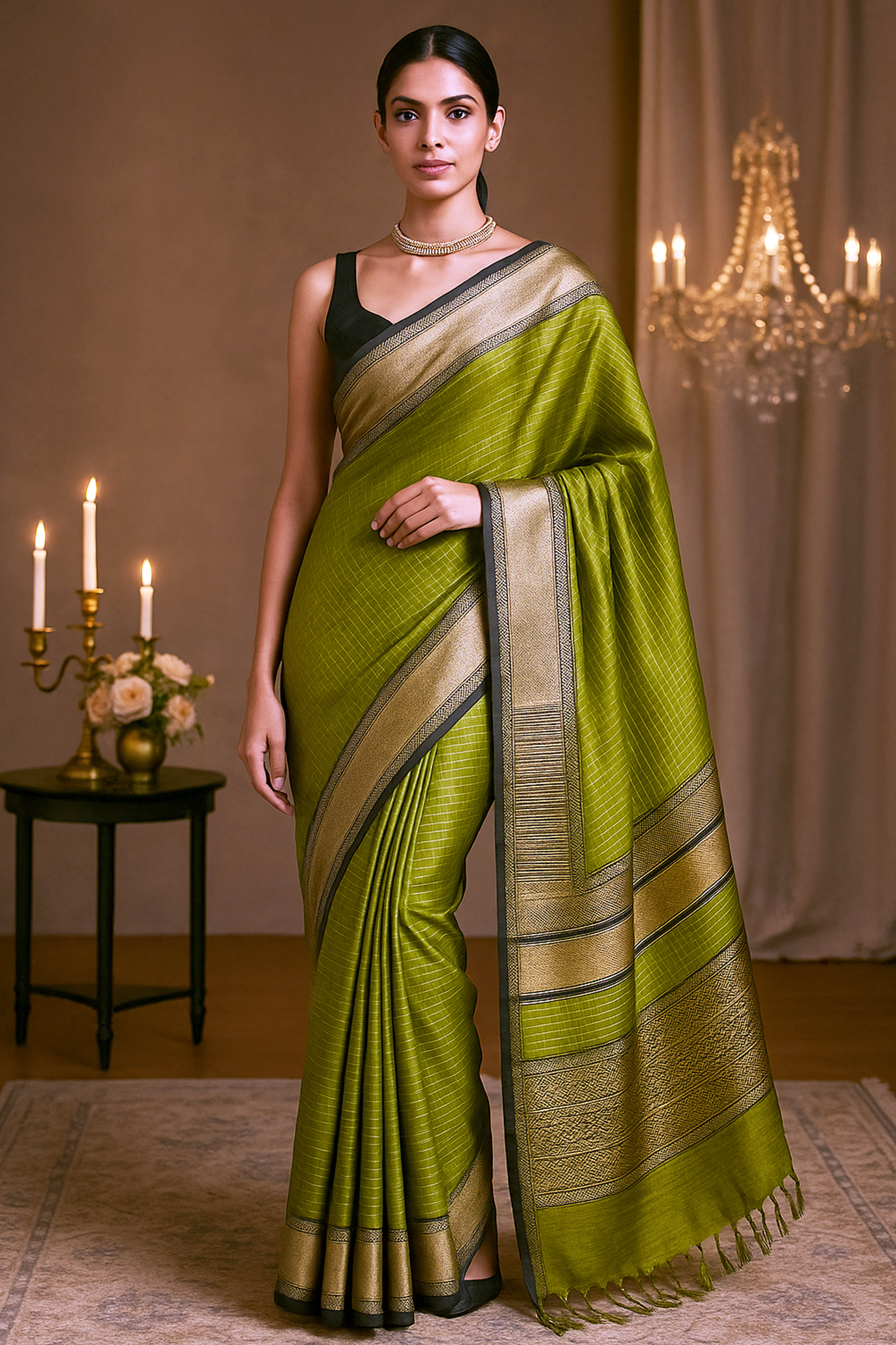 Falak Mehndi Green with Golden Zari Checks Maheshwari Cotton Silk Tissue Saree - Indian Handloomz
