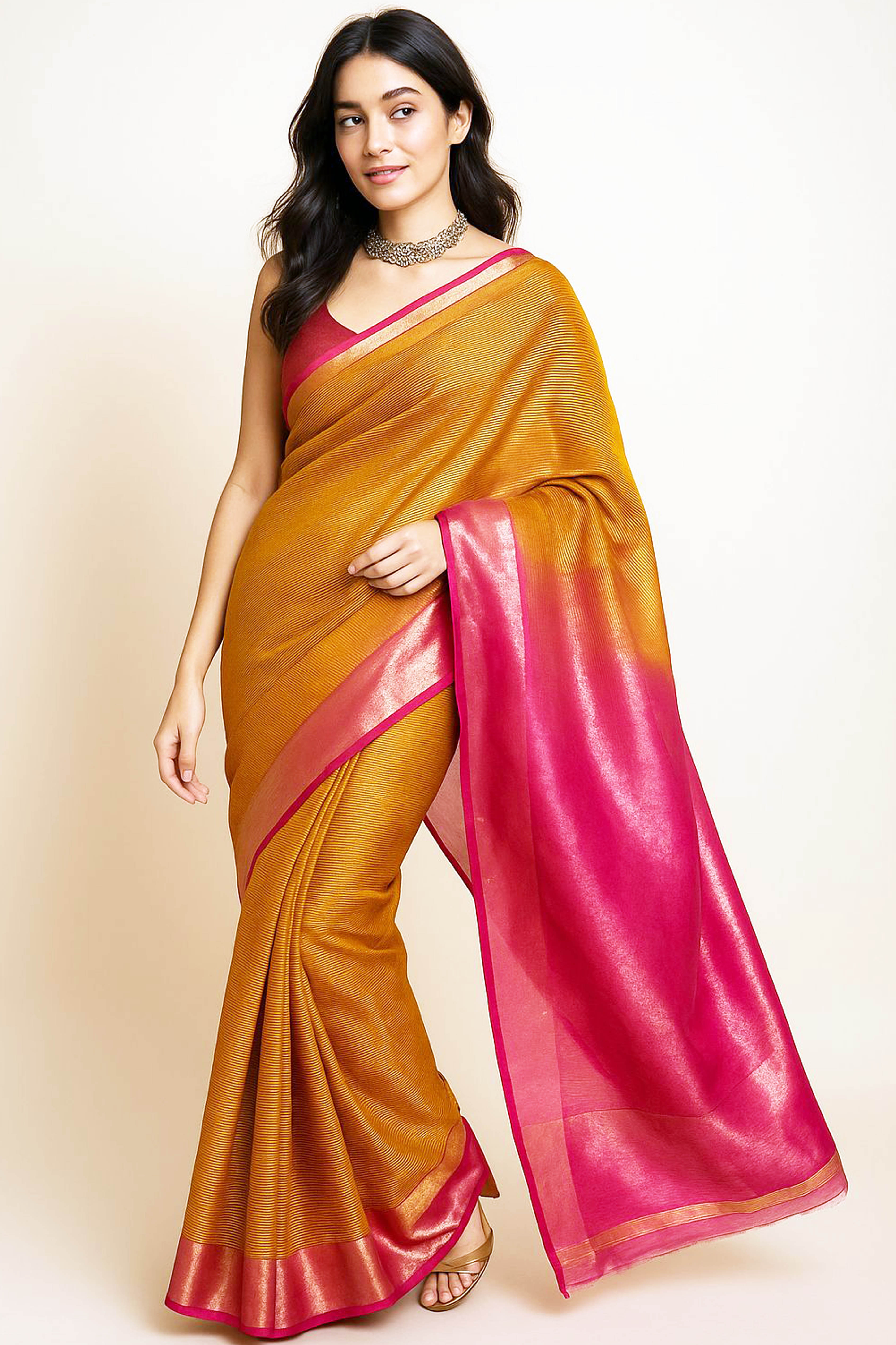 Kimaya Golden Yellow Body with Dark Pink Palla Maheshwari Silk Cotton Tissue Saree - Indian Handloomz