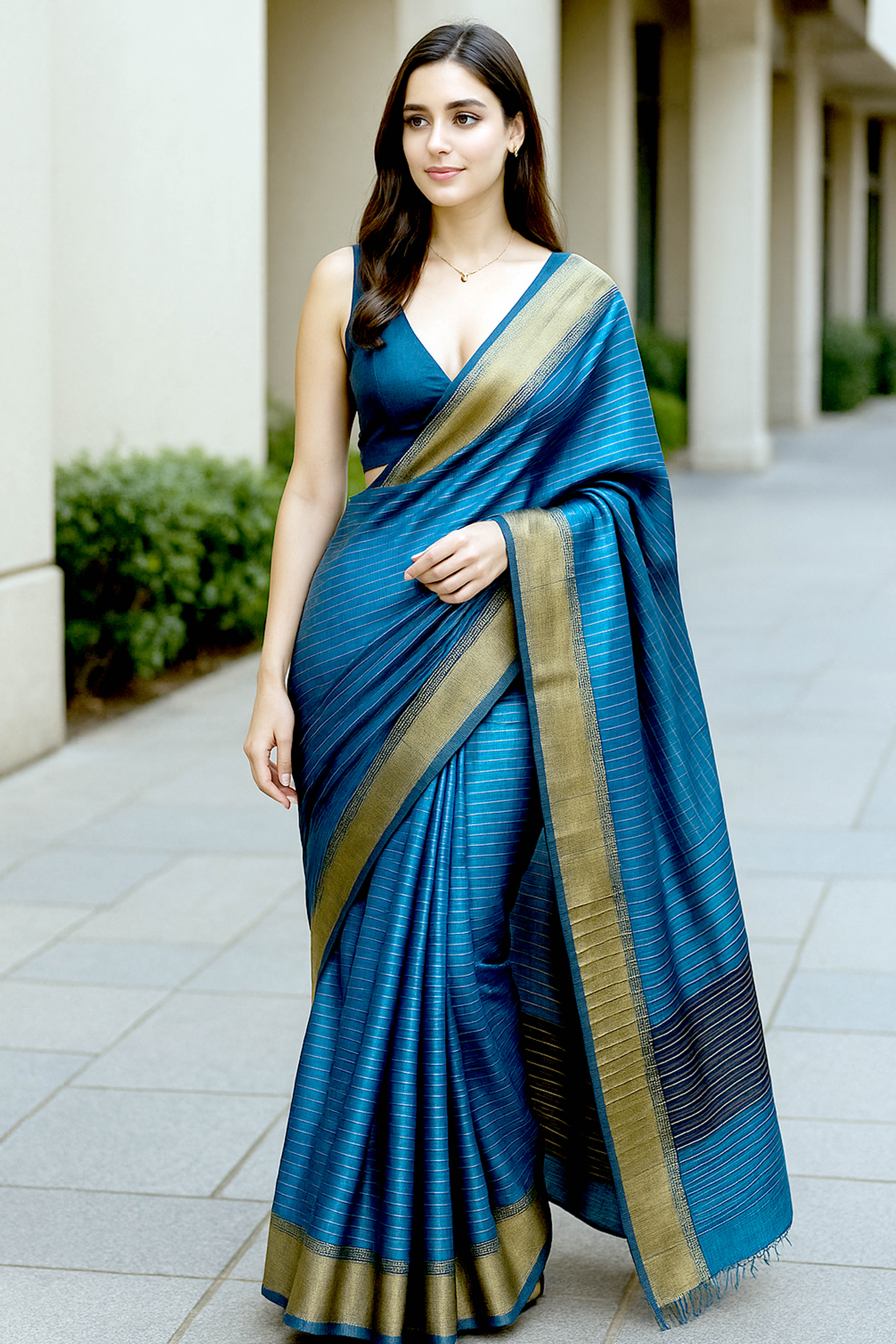 Parinita Peacock Blue Maheshwari Silk Cotton Tissue Saree - Indian Handloomz