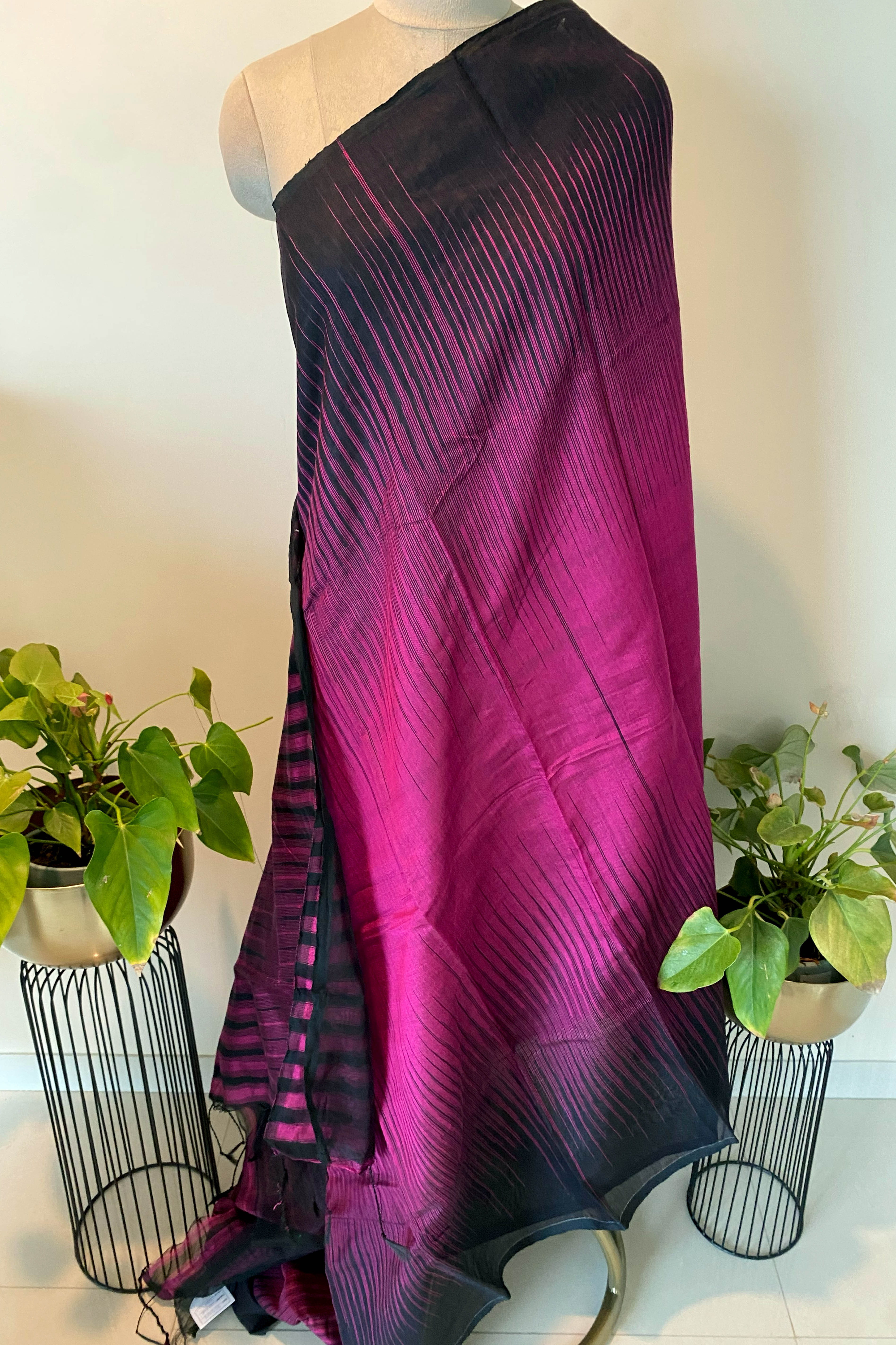 Magenta & Black Cotton Ikkat Saree - Indian Handloomz